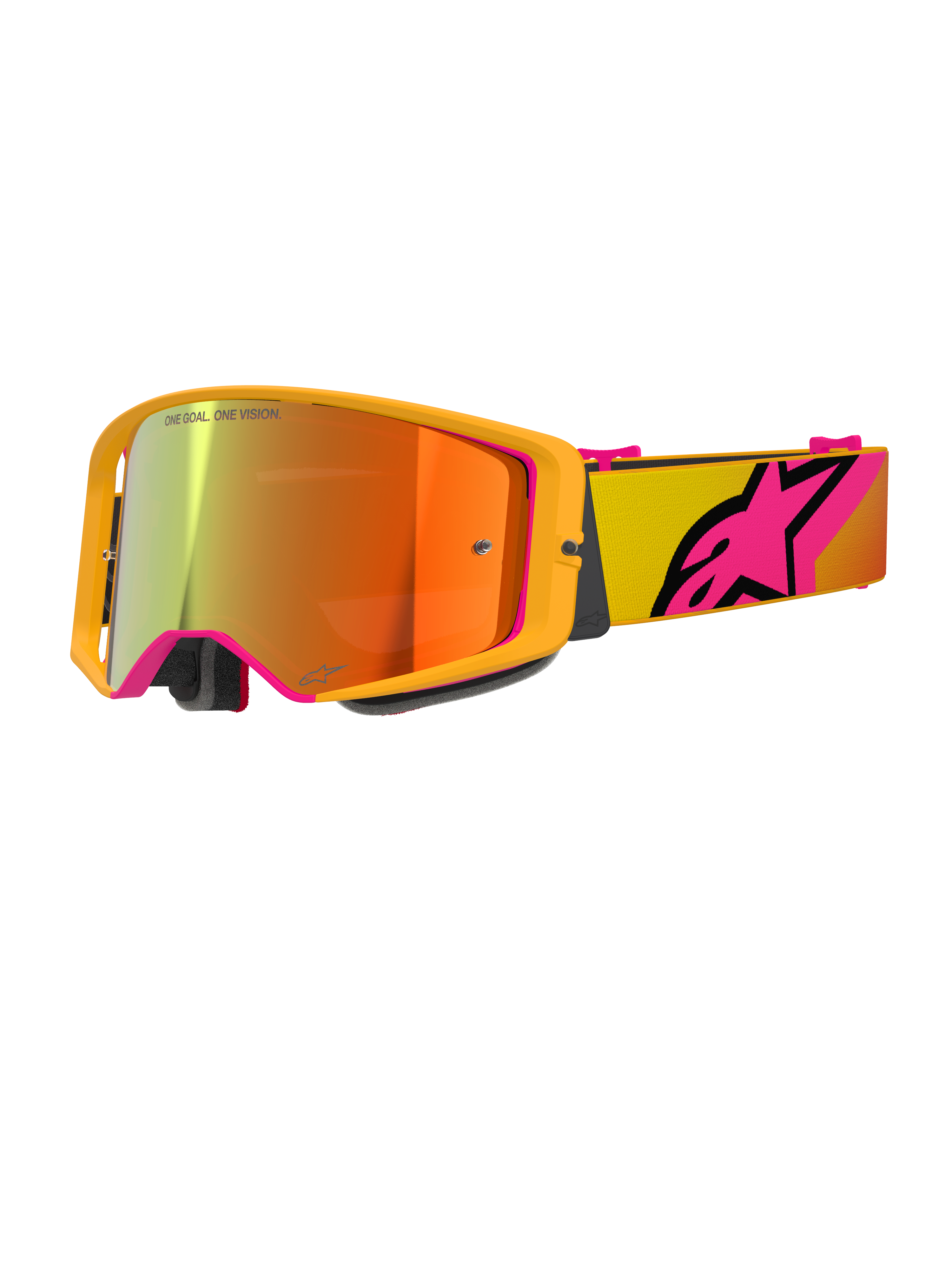 Alpinestars Supertech Corp Goggles Absolute Vision, masque de motocross, jaune et rose miroir rouge, doté d'une monture jaune vif, écran miroir aux reflets orange et rouge, bandeau jaune avec grand logo étoile Alpinestars rose, lunettes de course tout-terrain professionnelles