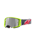 Alpinestars Supertech Corp Goggles Absolute Vision, masque de motocross, monture jaune fluo éclatant avec écran miroir argenté, bandeau gris avec un grand logo étoile rouge et blanc, avec le marquage 'ONE GOAL. ONE VISION.' sur l'écran, conception robuste pour le tout-terrain