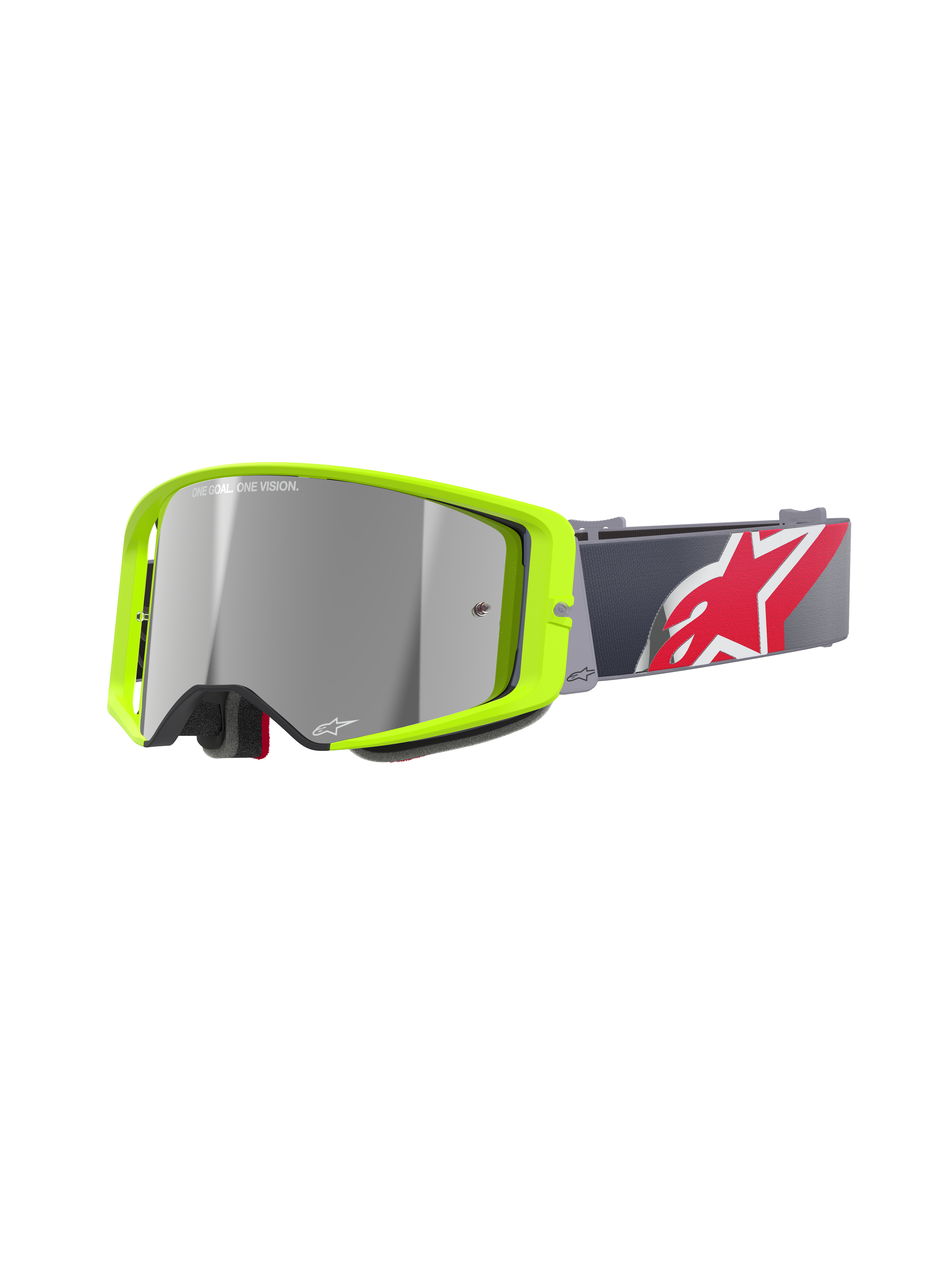 Alpinestars Supertech Corp Goggles Absolute Vision, masque de motocross, monture jaune fluo éclatant avec écran miroir argenté, bandeau gris avec un grand logo étoile rouge et blanc, avec le marquage 'ONE GOAL. ONE VISION.' sur l'écran, conception robuste pour le tout-terrain