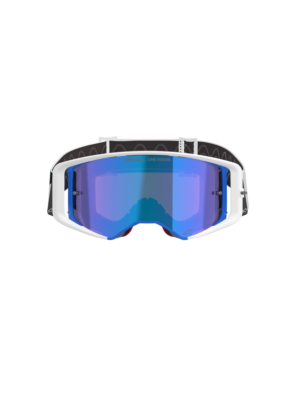 Alpinestars Supertech Corp Goggles Absolute Vision, masque de motocross, monture blanche et bleue avec écran bleu miroir, comportant le texte 'ONE GOAL. ONE VISION.' sur l'écran, bandeau réglable noir et blanc, protection oculaire haute performance pour la course tout-terrain