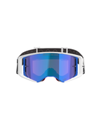 Alpinestars Supertech Corp Goggles Absolute Vision, masque de motocross, monture blanche et bleue avec écran bleu miroir, comportant le texte 'ONE GOAL. ONE VISION.' sur l'écran, bandeau réglable noir et blanc, protection oculaire haute performance pour la course tout-terrain
