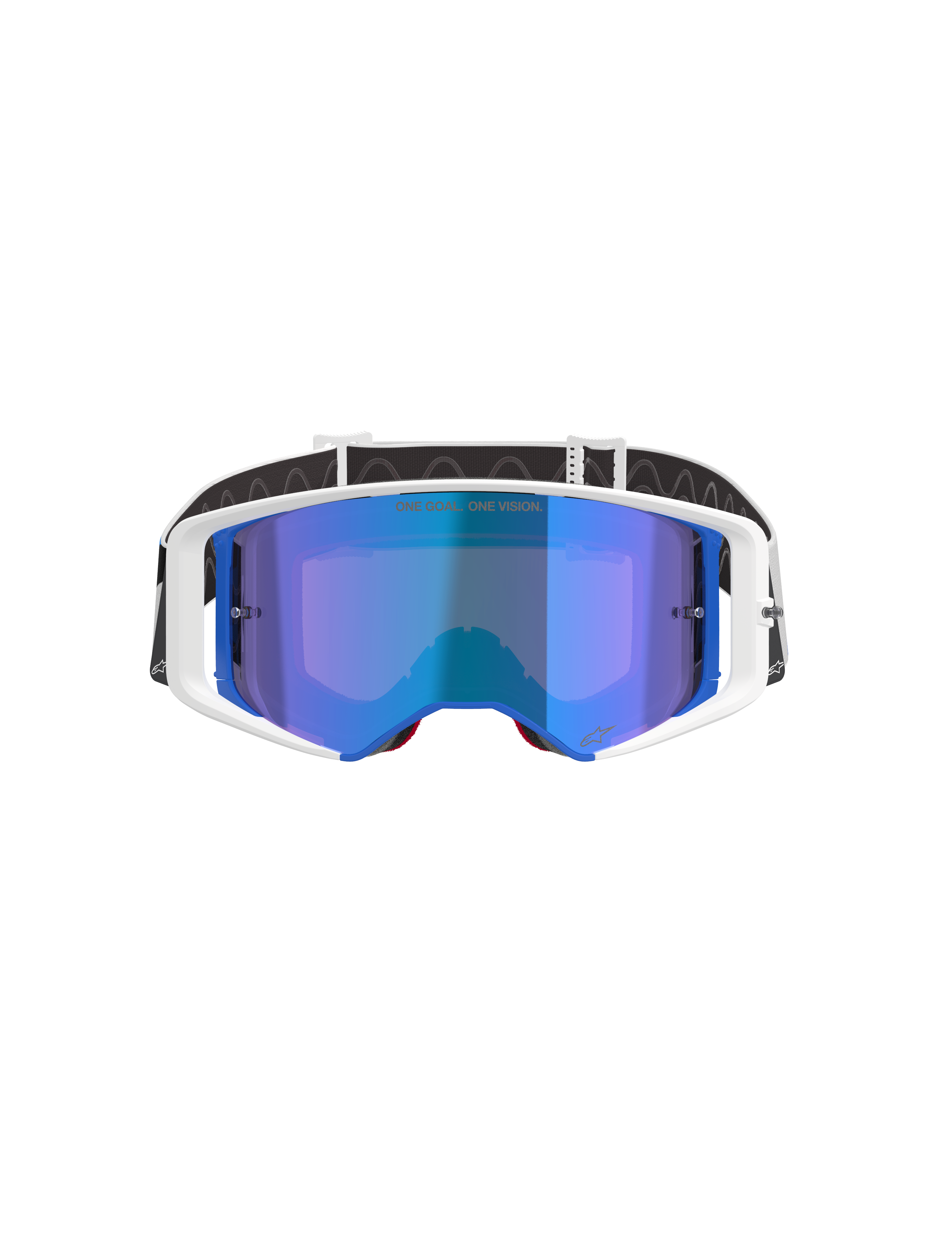 Alpinestars Supertech Corp Goggles Absolute Vision, masque de motocross, monture blanche et bleue avec écran bleu miroir, comportant le texte 'ONE GOAL. ONE VISION.' sur l'écran, bandeau réglable noir et blanc, protection oculaire haute performance pour la course tout-terrain