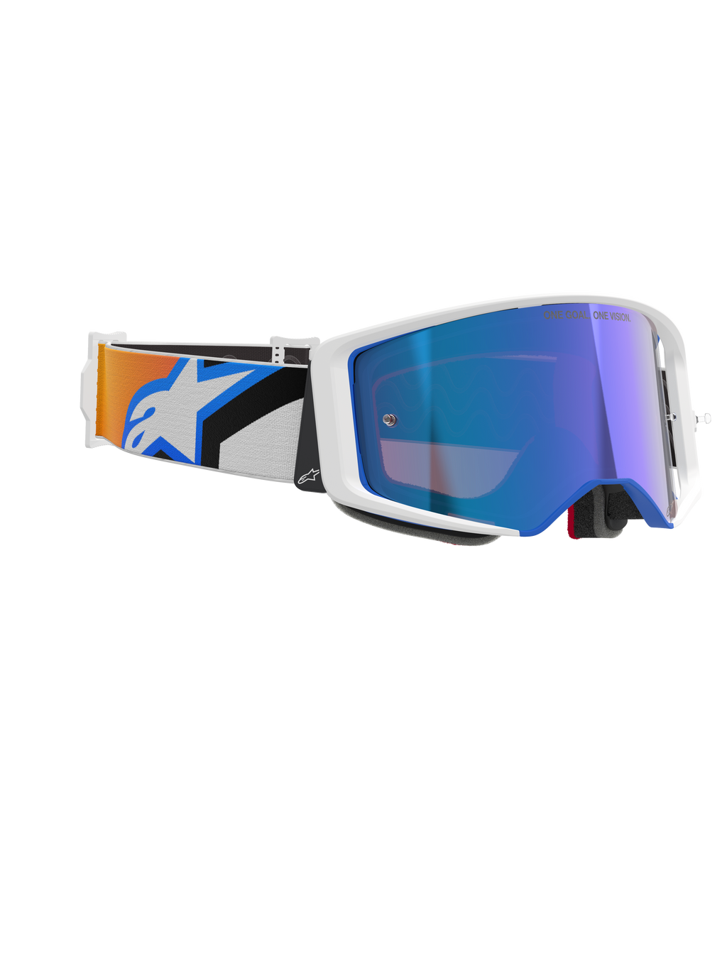 Masque Alpinestars Supertech Corp Absolute Vision, masque de motocross, monture blanche avec écran miroir bleu, bandeau réglable avec design graphique bleu et orange et logo Alpinestars, lunettes de course tout-terrain professionnelles