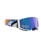 Masque Alpinestars Supertech Corp Absolute Vision, masque de motocross, monture blanche avec écran miroir bleu, bandeau réglable avec design graphique bleu et orange et logo Alpinestars, lunettes de course tout-terrain professionnelles
