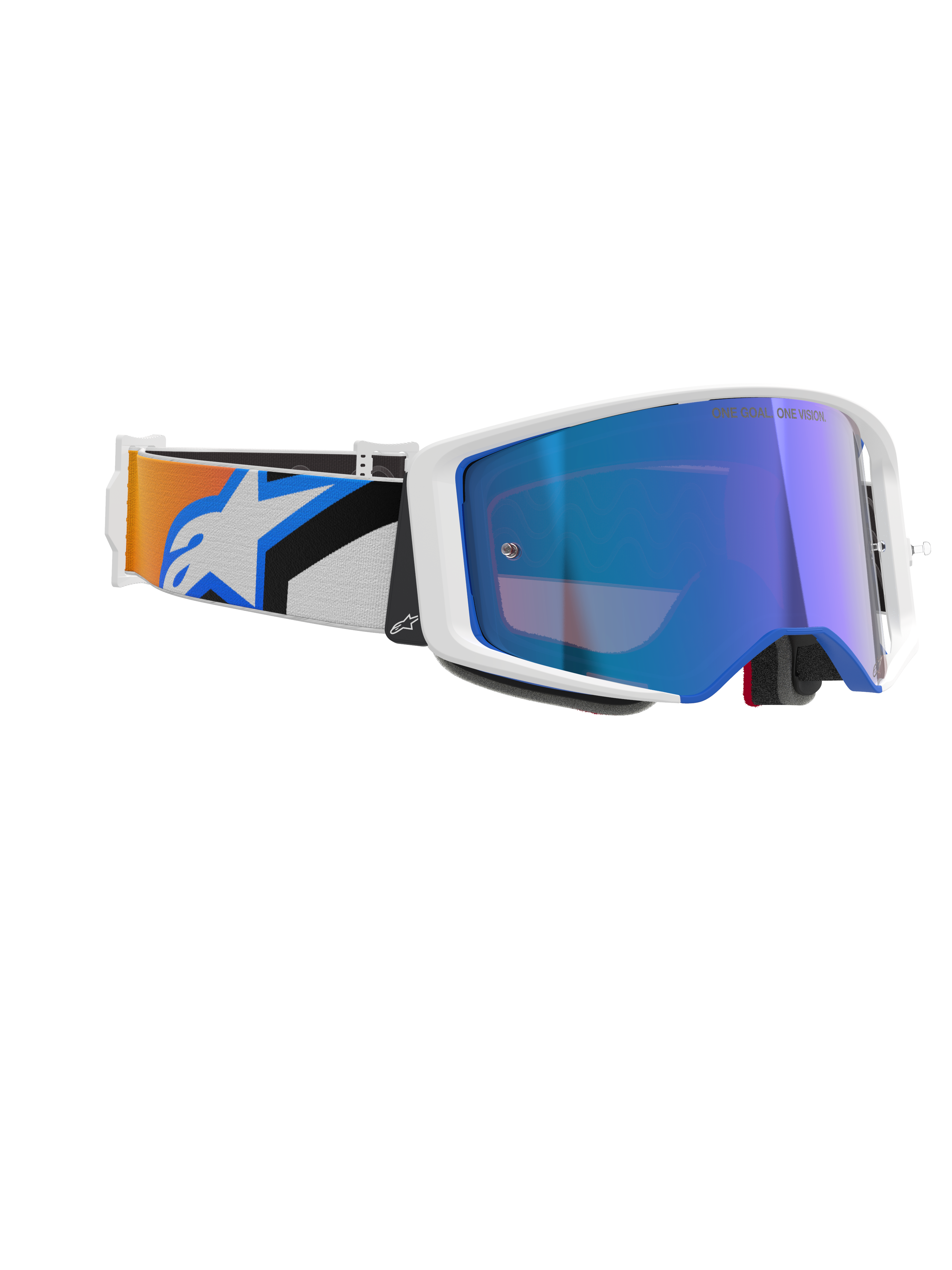 Masque Alpinestars Supertech Corp Absolute Vision, masque de motocross, monture blanche avec écran miroir bleu, bandeau réglable avec design graphique bleu et orange et logo Alpinestars, lunettes de course tout-terrain professionnelles