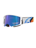 Masque Alpinestars Supertech Corp Absolute Vision, masque de motocross, bleu et orange avec écran bleu miroir, monture blanche et bleue, large bandeau blanc arborant un logo étoile bleu et des touches d'orange, protection oculaire haute performance pour le tout-terrain