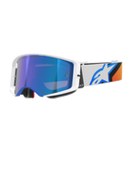 Masque Alpinestars Supertech Corp Absolute Vision, masque de motocross, bleu et orange avec écran bleu miroir, monture blanche et bleue, large bandeau blanc arborant un logo étoile bleu et des touches d'orange, protection oculaire haute performance pour le tout-terrain