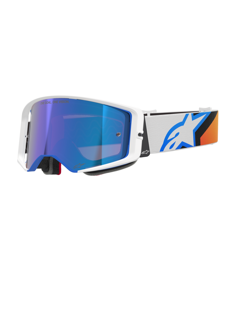 Alpinestars Supertech Corp Goggles Absolute Vision, Motocross Goggles, Blue and Orange with Mirror Blue lens, white and blue frame, wide white strap featuring a bold blue star logo and orange accents, high-performance off-road eye protection