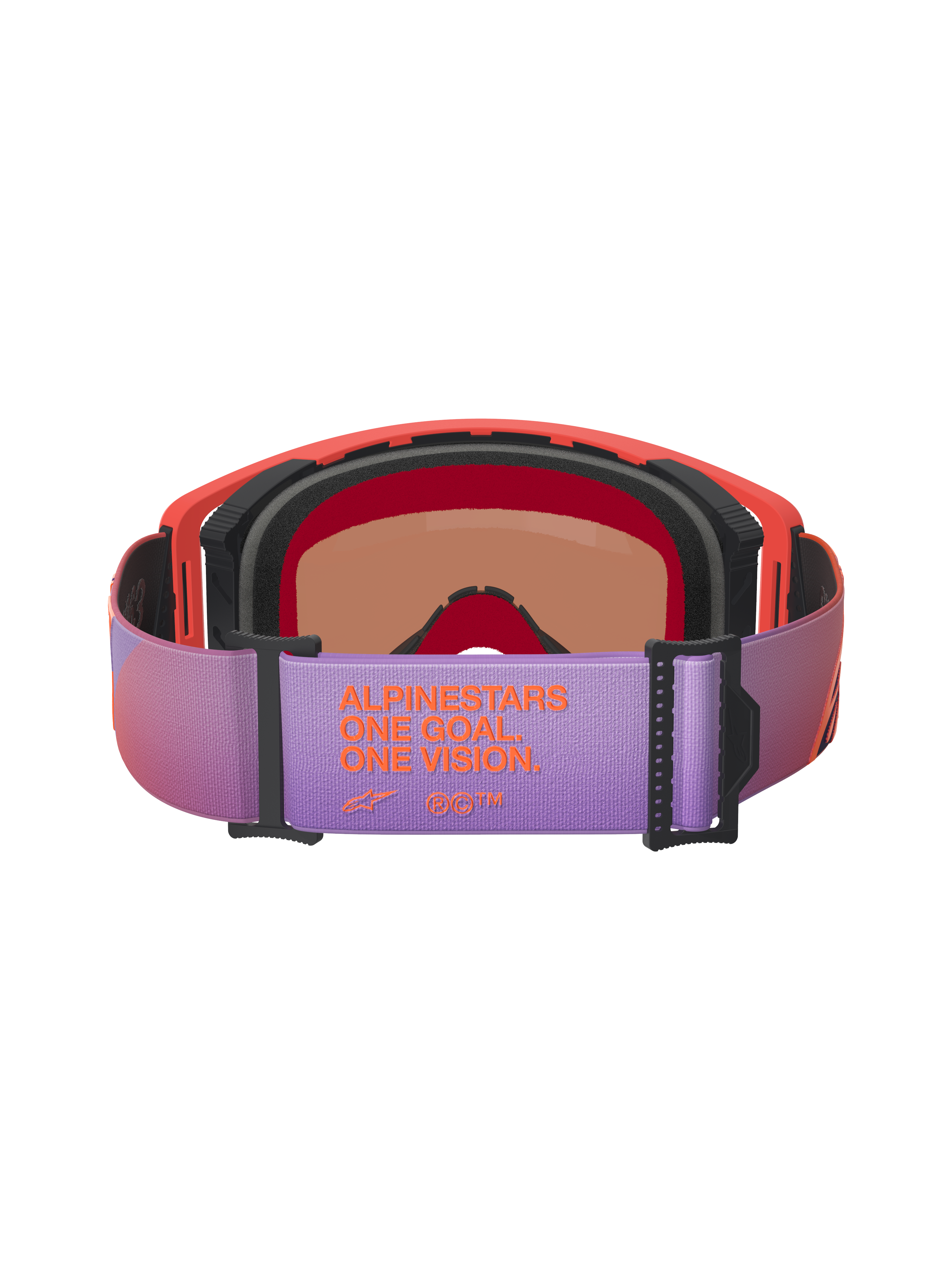 Alpinestars Supertech Vision Corp Goggles, Motocross Goggles, back view featuring a purple adjustable strap with orange 'ALPINESTARS ONE GOAL ONE VISION' branding, hot coral frame with black foam, high-performance eyewear for off-road racing