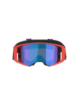 Alpinestars Supertech Vision Corp Goggles, Motocross Goggles, Hot Coral frame with Mirror Blue tinted lens, purple and orange gradient strap, featuring 'ONE GOAL. ONE VISION.' text, high-performance eye protection for off-road racing