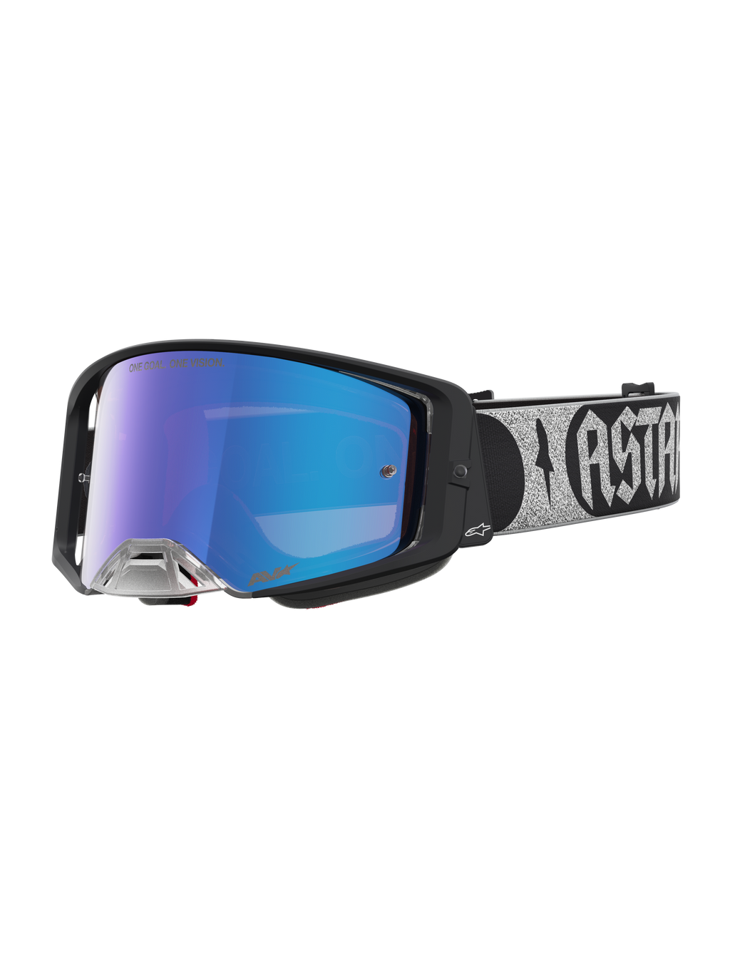 Alpinestars Masque Supertech Atrox, masque de motocross avec monture noire et écran miroir bleu pour la course tout-terrain professionnelle, sangle avec logo argenté.