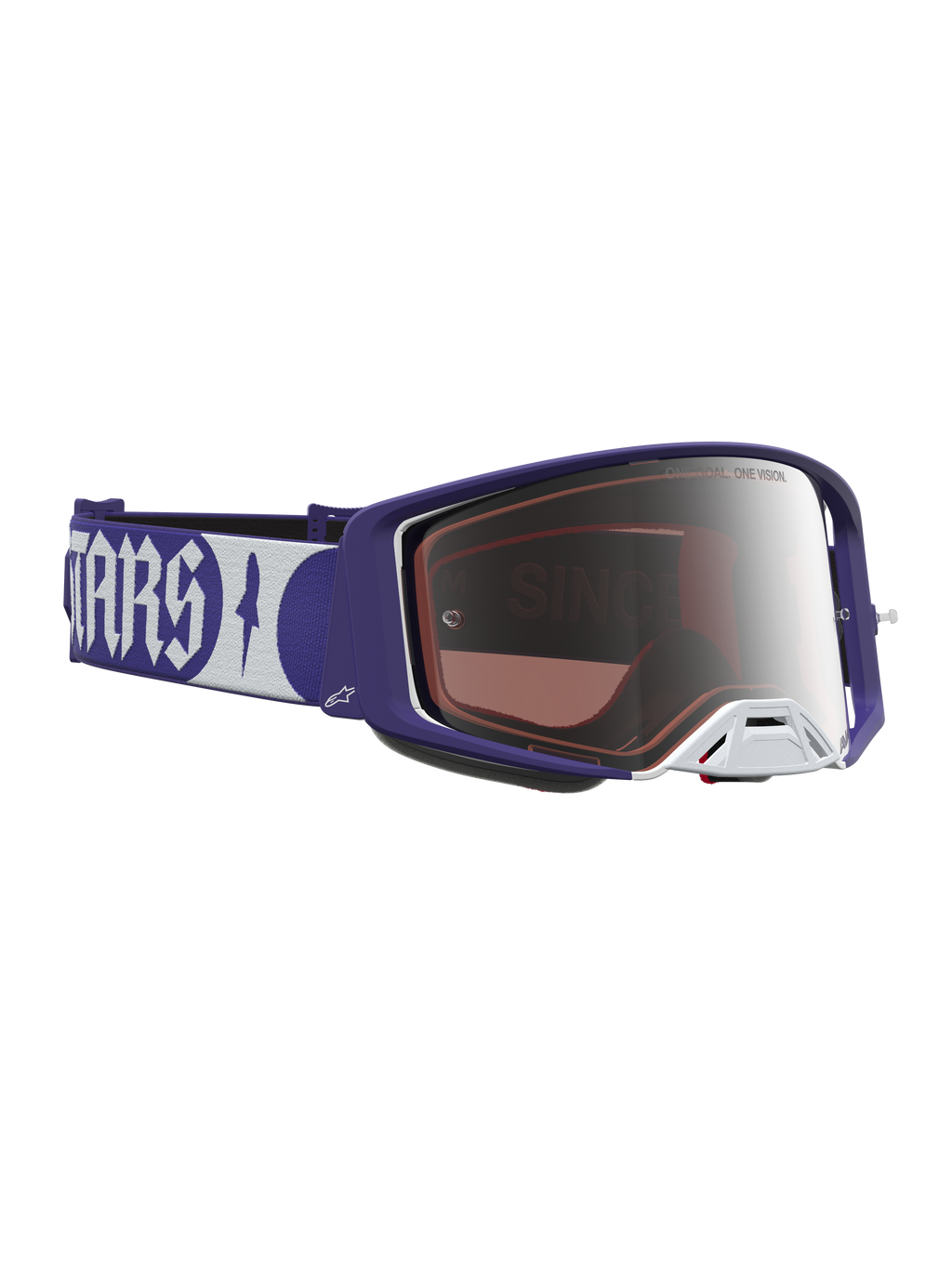 Alpinestars Supertech Atrox Goggles, motocross racing eyewear, deep blue and white with a mirror silver lens.