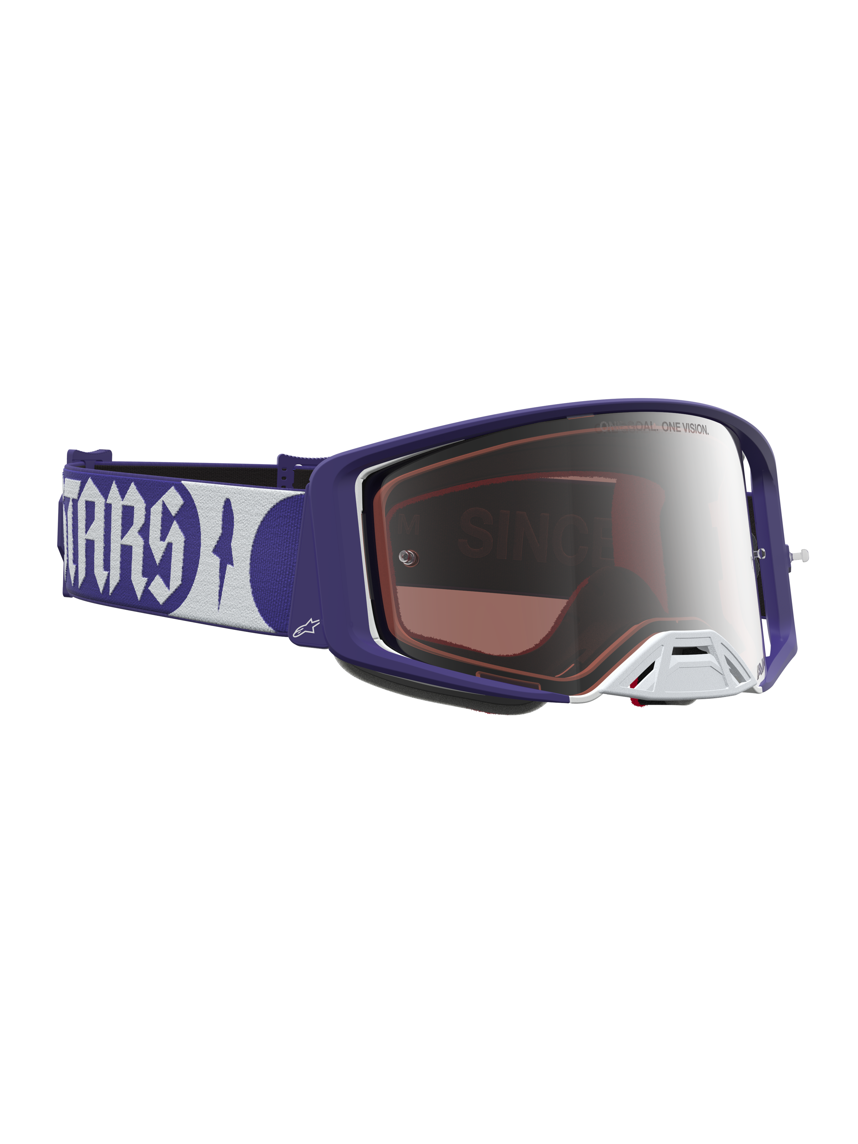 Alpinestars Supertech Atrox Goggles, motocross racing eyewear, deep blue and white with a mirror silver lens.