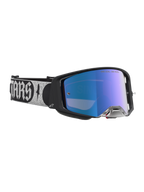 Alpinestars Masque Supertech Atrox, masque de motocross avec monture noire, lentille miroir bleue et sangle réglable à logo argenté, performance tout-terrain.