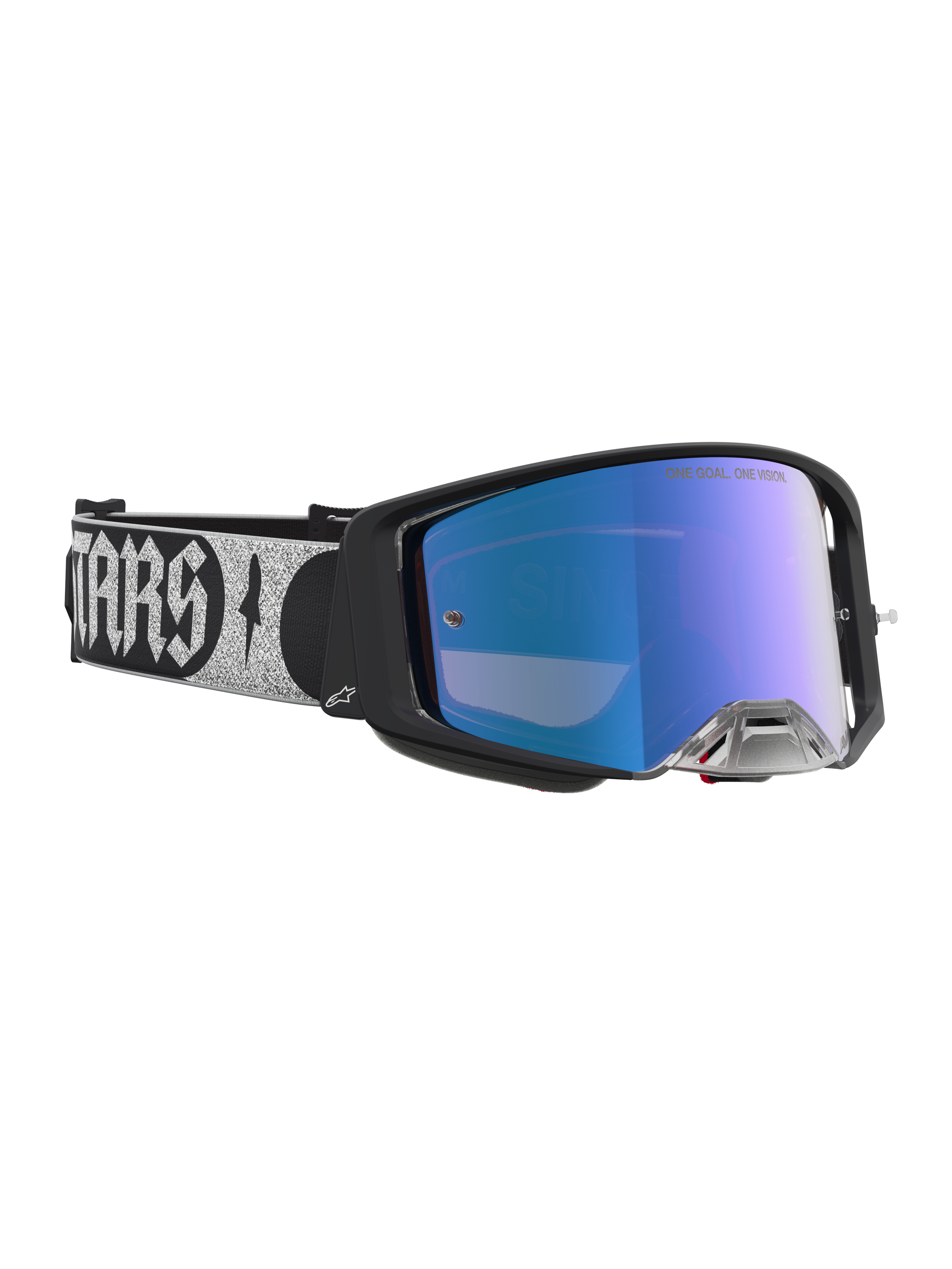 Alpinestars Masque Supertech Atrox, masque de motocross avec monture noire, lentille miroir bleue et sangle réglable à logo argenté, performance tout-terrain.