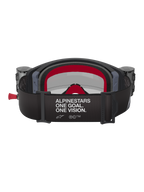Masque Alpinestars Supertech Corp avec système Roll-Off, noir et gris avec accents rouges, vue arrière montrant le large bandeau avec le texte blanc « ALPINESTARS ONE GOAL. ONE VISION. », boîtiers roll-off intégrés sur les côtés et mousse faciale multicouche rouge, protection oculaire professionnelle pour le motocross