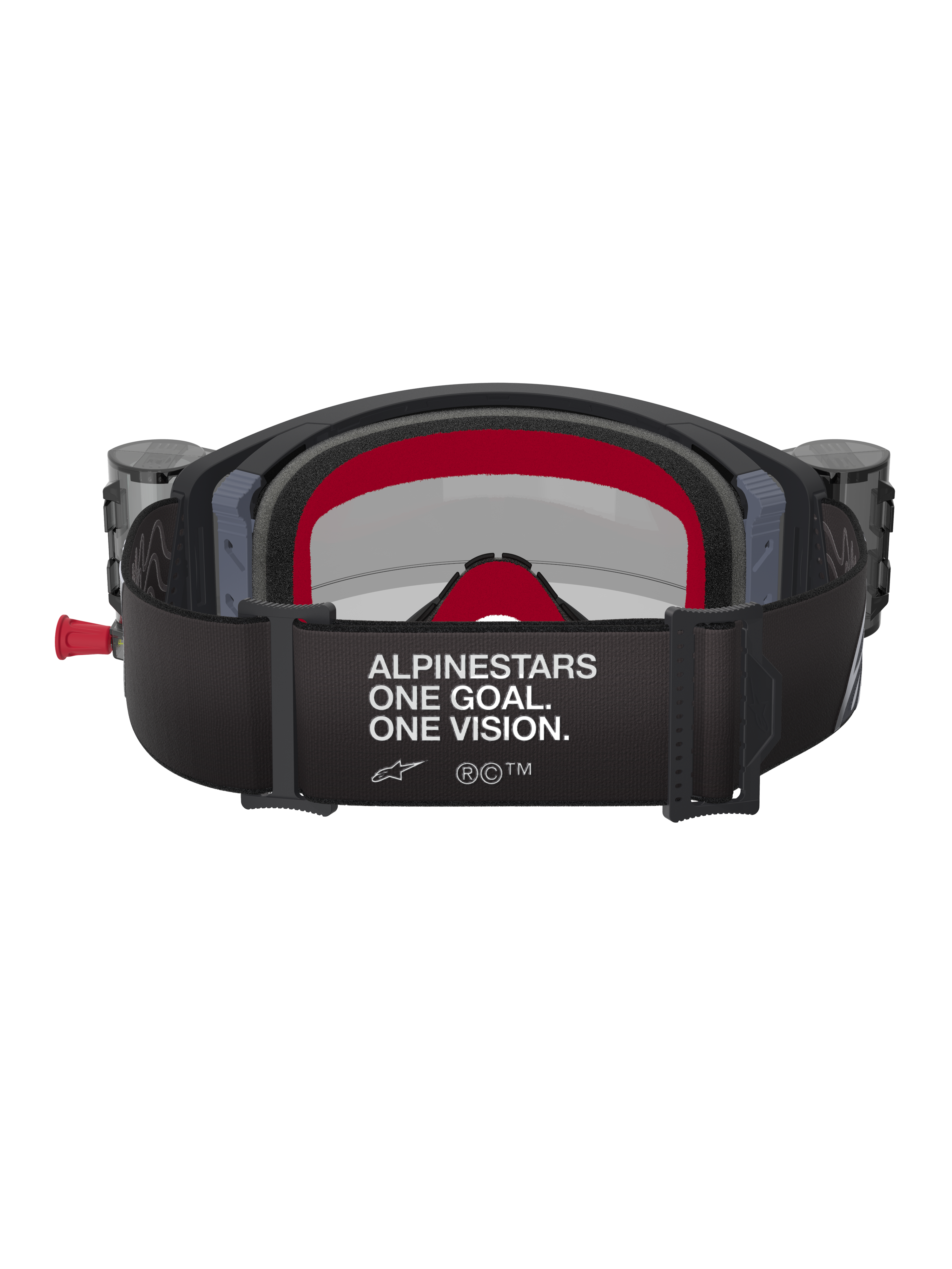 Masque Alpinestars Supertech Corp avec système Roll-Off, noir et gris avec accents rouges, vue arrière montrant le large bandeau avec le texte blanc « ALPINESTARS ONE GOAL. ONE VISION. », boîtiers roll-off intégrés sur les côtés et mousse faciale multicouche rouge, protection oculaire professionnelle pour le motocross
