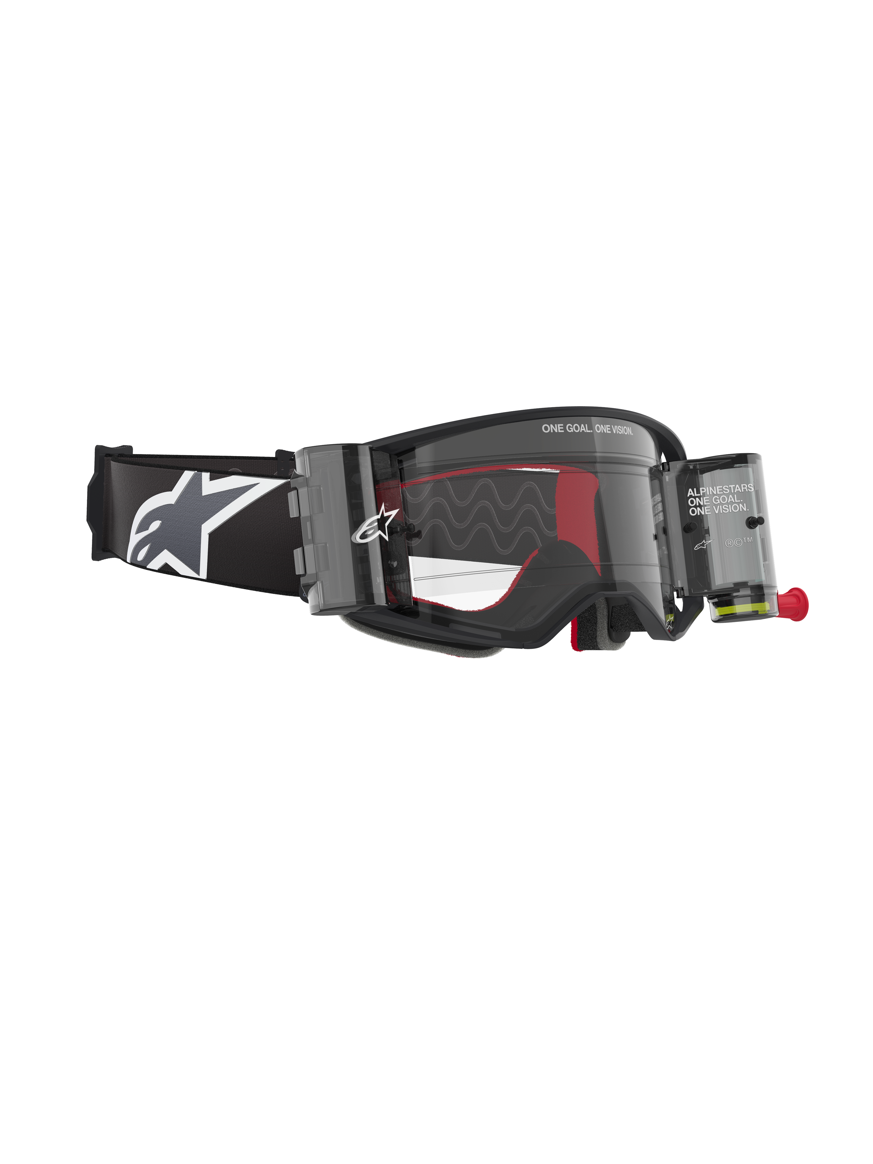 Masque Alpinestars Supertech Corp Roll-Off, noir et gris, doté d'un système Roll-Off Wide Vision avec boîtiers transparents, écran clair avec lignes de glissement en silicone et large bandeau noir avec logo Astars blanc, conçu pour le motocross professionnel et le tout-terrain.