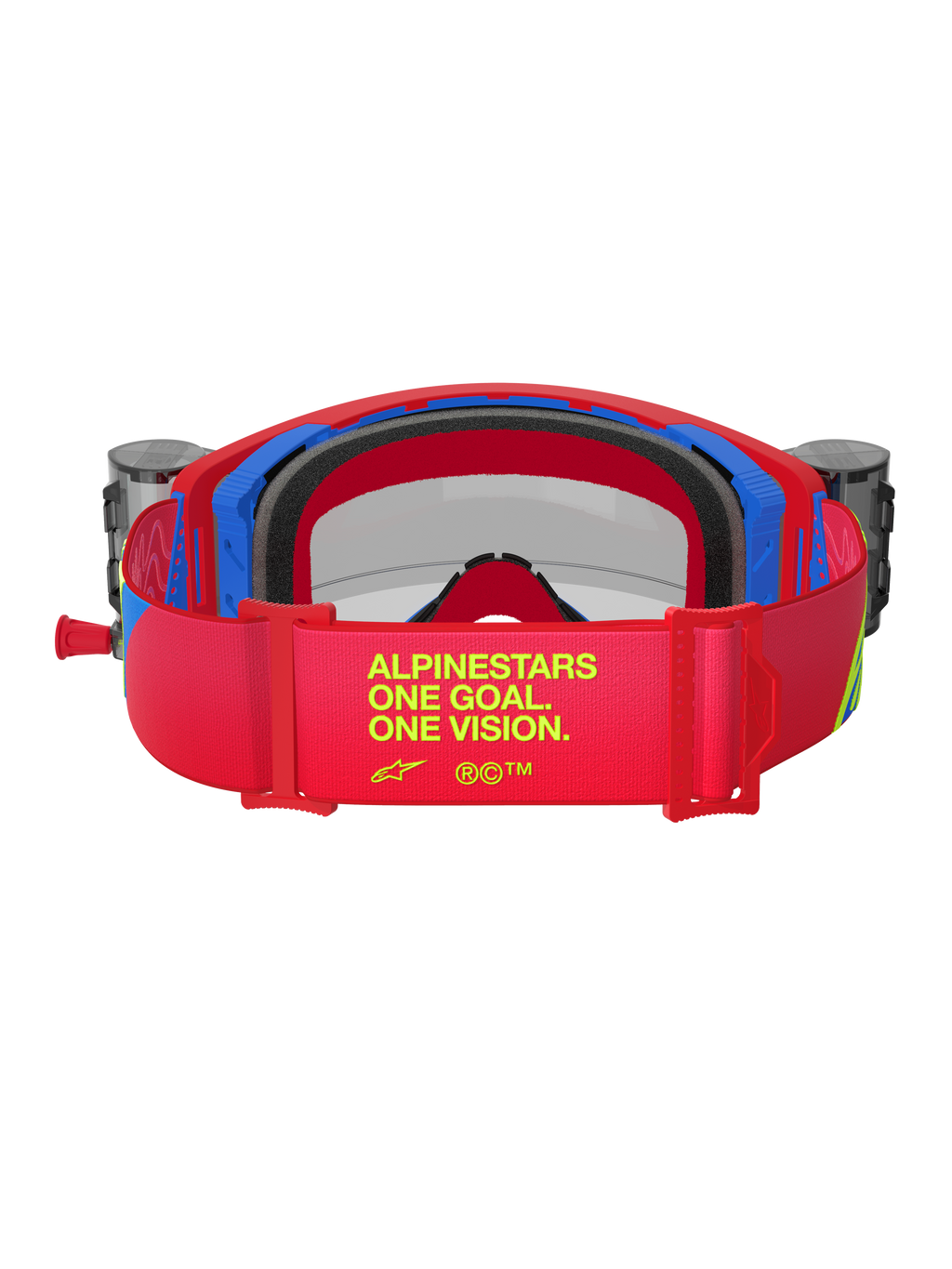 Masque Alpinestars Supertech Corp, lunettes de motocross rouges et bleues, vue arrière montrant le bandeau réglable rouge avec marquage jaune « ALPINESTARS ONE GOAL. ONE VISION. », boîtiers roll-off intégrés et mousse faciale multicouche noire