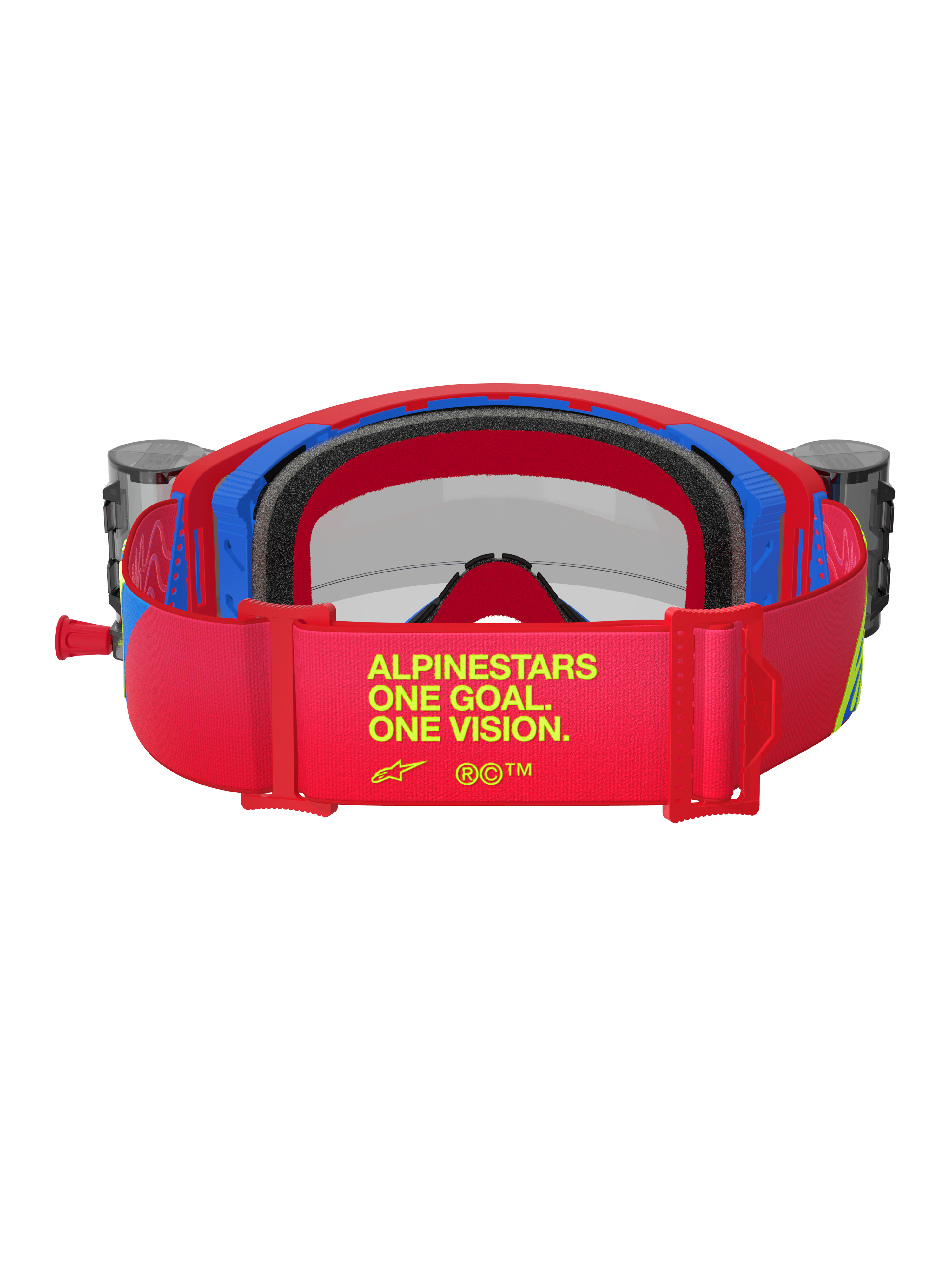 Masque Alpinestars Supertech Corp, lunettes de motocross rouges et bleues, vue arrière montrant le bandeau réglable rouge avec marquage jaune « ALPINESTARS ONE GOAL. ONE VISION. », boîtiers roll-off intégrés et mousse faciale multicouche noire
