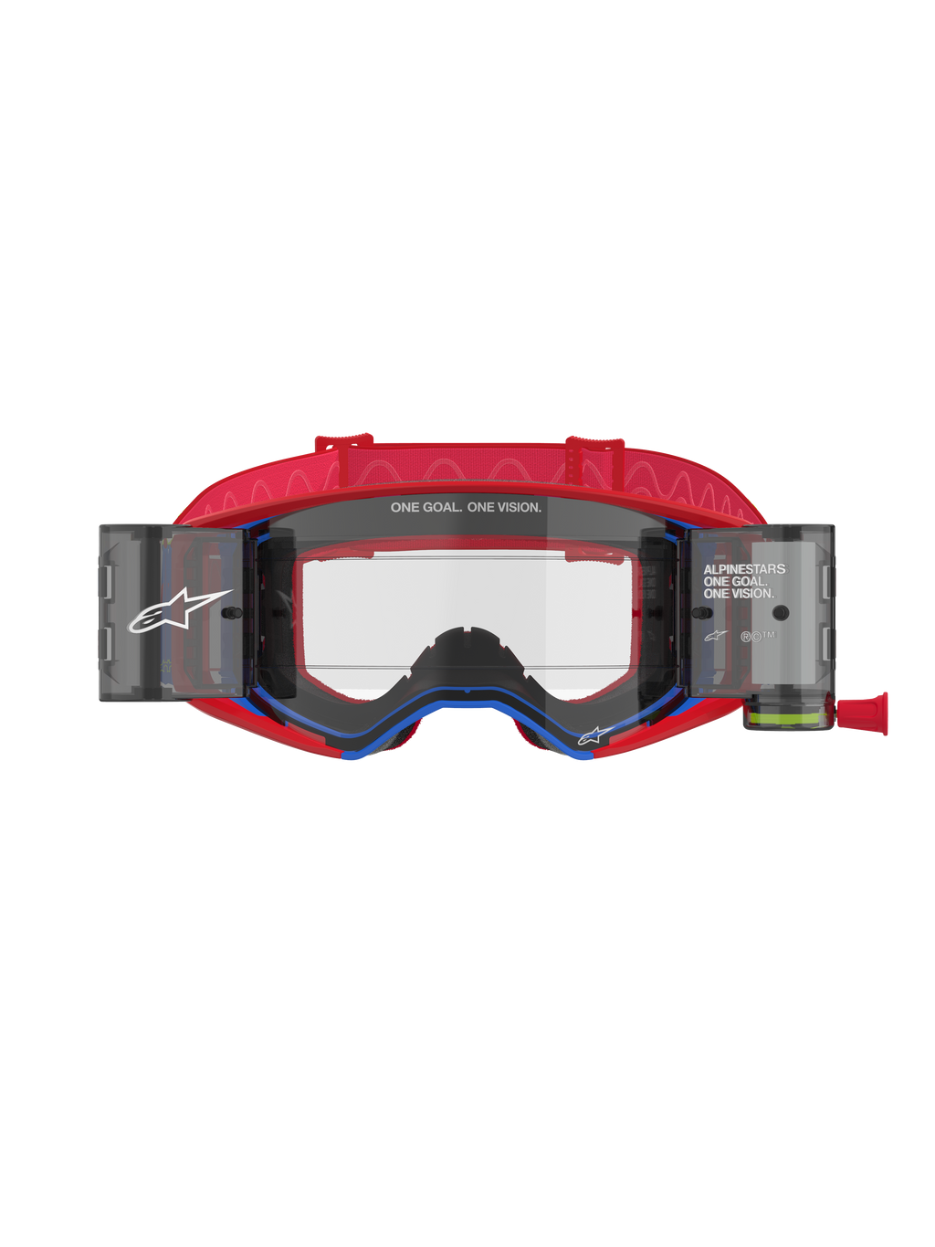 Masque Alpinestars Supertech Corp Roll Off, lunettes de motocross, rouge et bleu, écran clair moulé par injection avec boîtiers roll-off et film intégrés, bandeau rouge à motifs, protection oculaire professionnelle pour la course tout-terrain