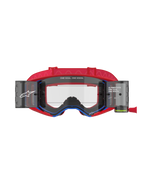 Masque Alpinestars Supertech Corp Roll Off, lunettes de motocross, rouge et bleu, écran clair moulé par injection avec boîtiers roll-off et film intégrés, bandeau rouge à motifs, protection oculaire professionnelle pour la course tout-terrain