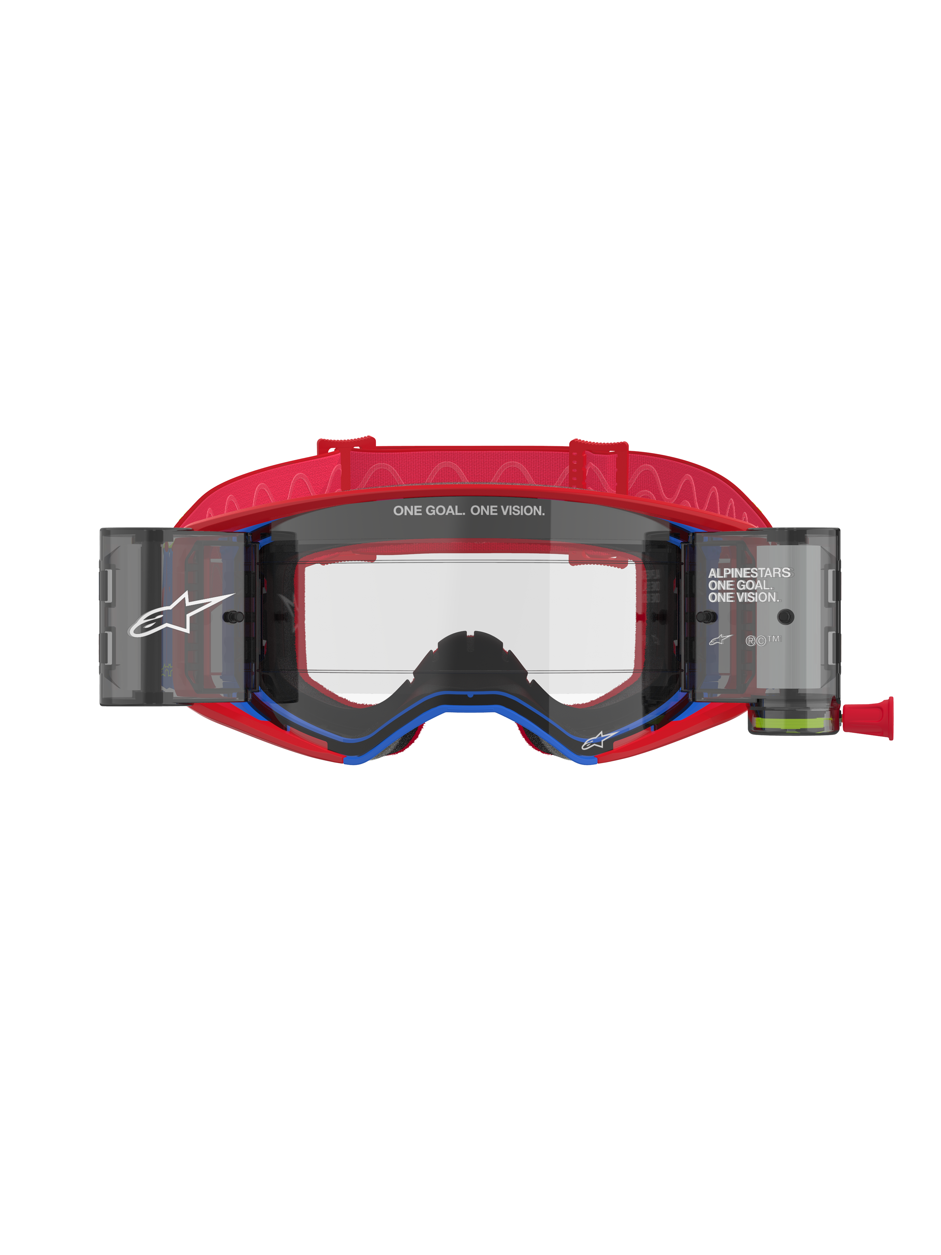 Masque Alpinestars Supertech Corp Roll Off, lunettes de motocross, rouge et bleu, écran clair moulé par injection avec boîtiers roll-off et film intégrés, bandeau rouge à motifs, protection oculaire professionnelle pour la course tout-terrain