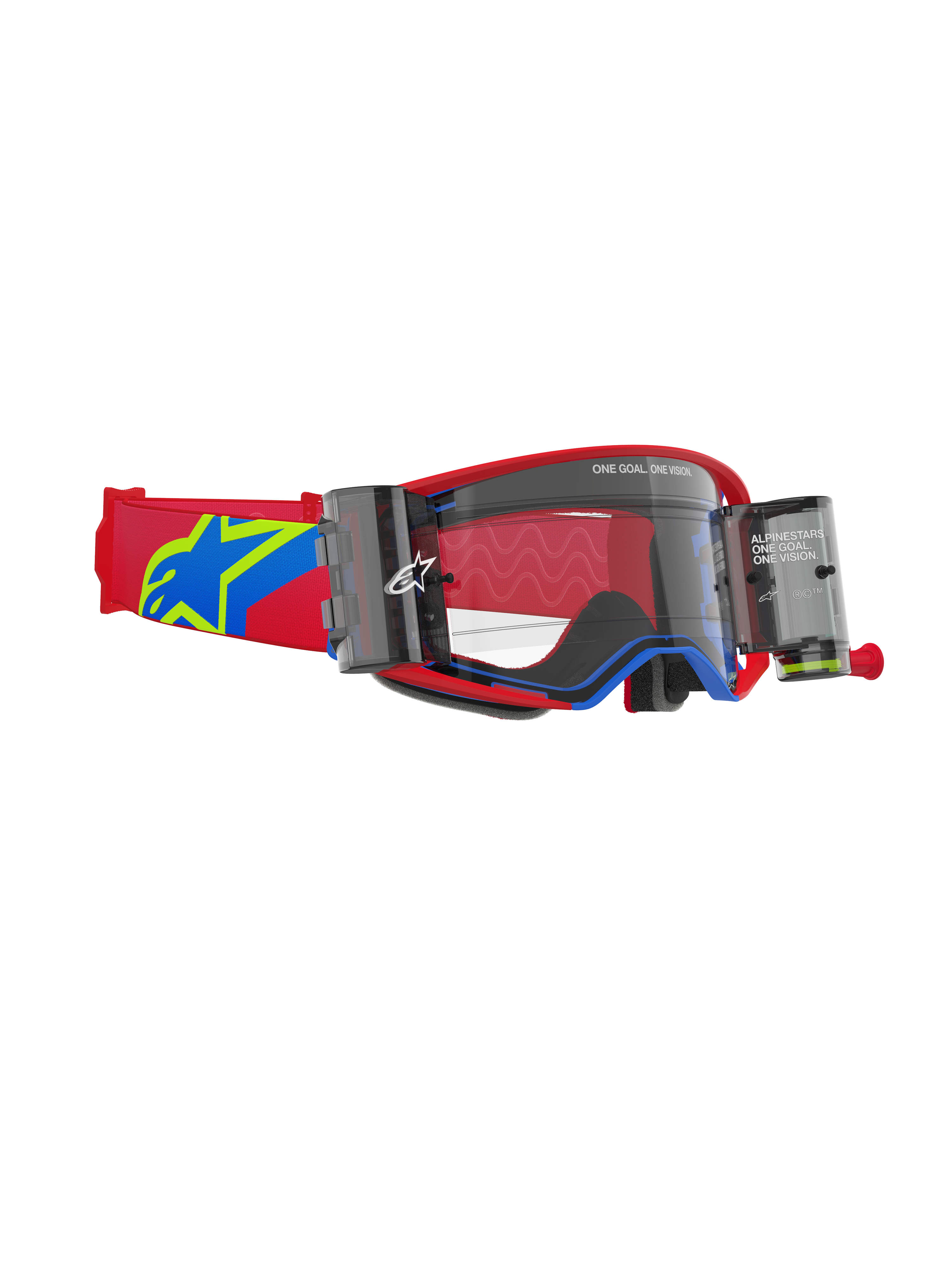 Masque Alpinestars Supertech Corp Roll Off, masque de motocross, monture rouge et bleue avec écran clair, système Roll-Off Wide Vision intégré avec deux boîtiers, bandeau réglable rouge avec logo étoile bleu et jaune, protection oculaire de qualité professionnelle pour le tout-terrain