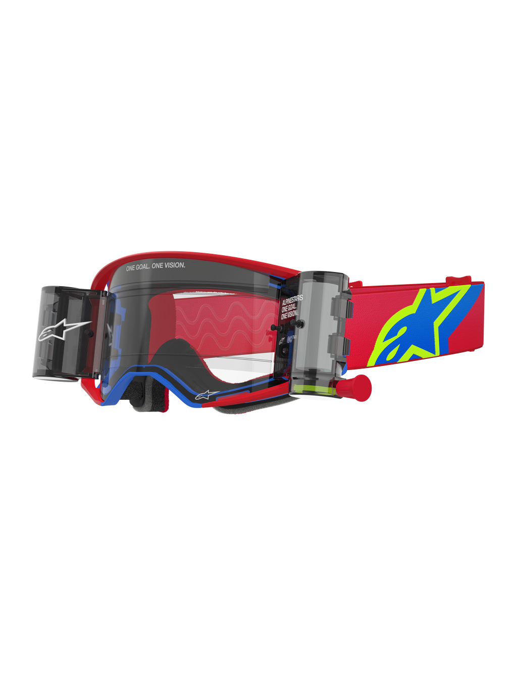 Alpinestars Supertech Corp Goggles Roll Off, lunettes de motocross, rouges et bleues avec écran transparent, dotées d'un système Roll-Off Wide Vision intégré, écran transparent moulé par injection, monture rouge avec accents bleus, large sangle rouge avec logo étoile bleu et jaune, protection oculaire professionnelle pour la course tout-terrain