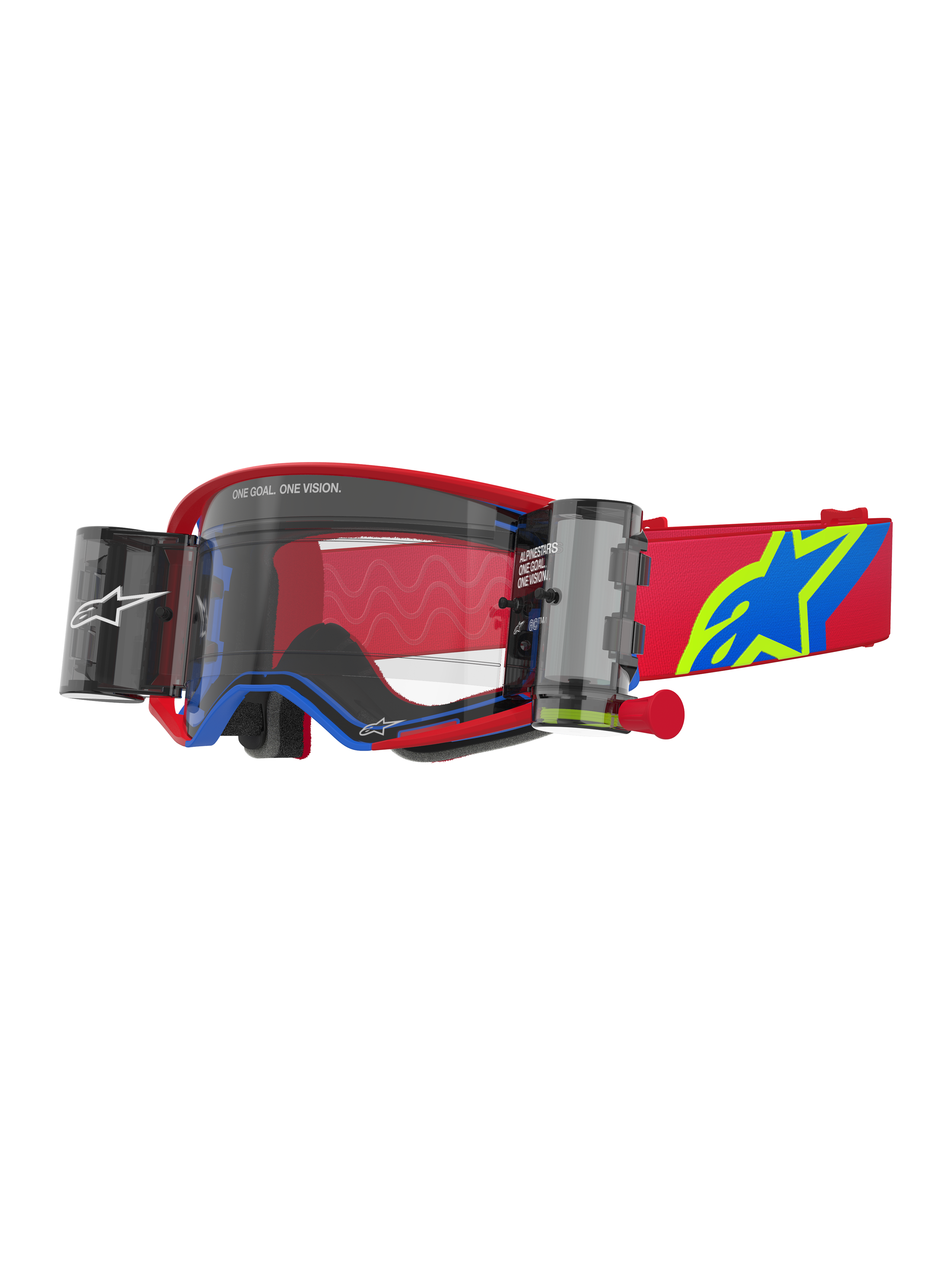 Alpinestars Supertech Corp Goggles Roll Off, lunettes de motocross, rouges et bleues avec écran transparent, dotées d'un système Roll-Off Wide Vision intégré, écran transparent moulé par injection, monture rouge avec accents bleus, large sangle rouge avec logo étoile bleu et jaune, protection oculaire professionnelle pour la course tout-terrain