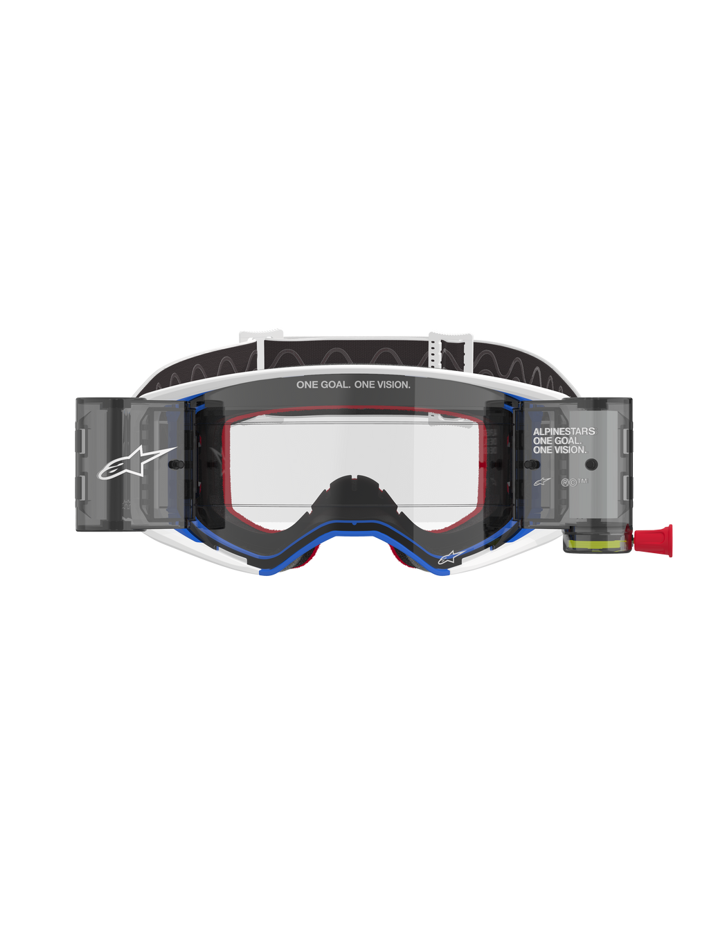 Alpinestars Supertech Corp Goggles Roll-Off, masque de motocross, monture bleue et blanche avec accents orange, système roll-off Wide Vision intégré avec écran clair, protection oculaire professionnelle tout-terrain avec logo Alpinestars et texte « One Goal. One Vision. »