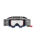 Alpinestars Supertech Corp Goggles Roll-Off, masque de motocross, monture bleue et blanche avec accents orange, système roll-off Wide Vision intégré avec écran clair, protection oculaire professionnelle tout-terrain avec logo Alpinestars et texte « One Goal. One Vision. »