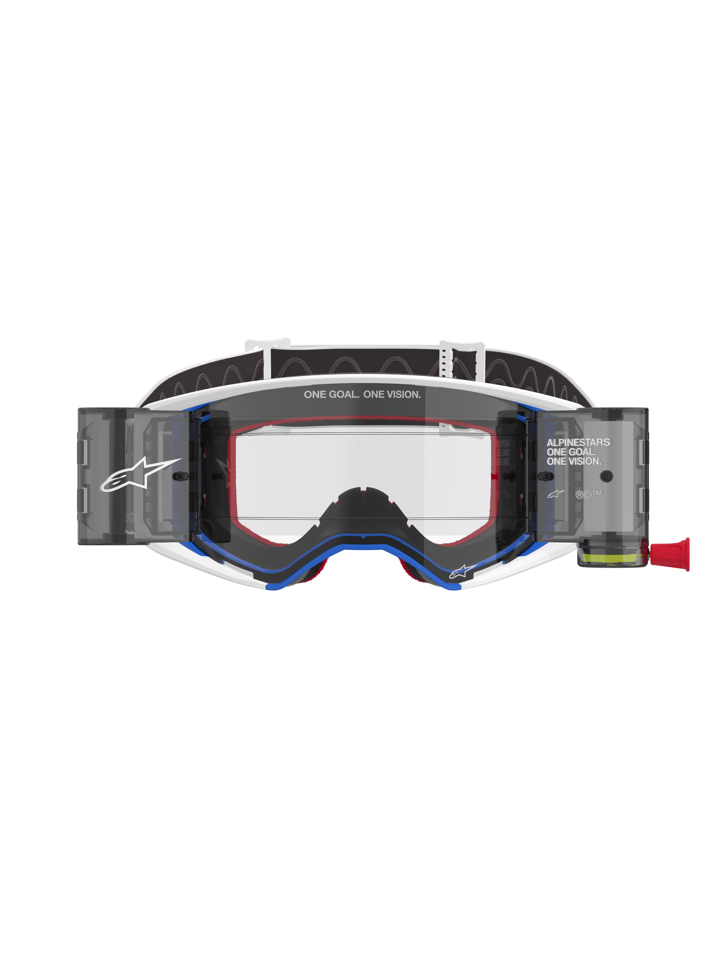 Alpinestars Supertech Corp Goggles Roll-Off, masque de motocross, monture bleue et blanche avec accents orange, système roll-off Wide Vision intégré avec écran clair, protection oculaire professionnelle tout-terrain avec logo Alpinestars et texte « One Goal. One Vision. »