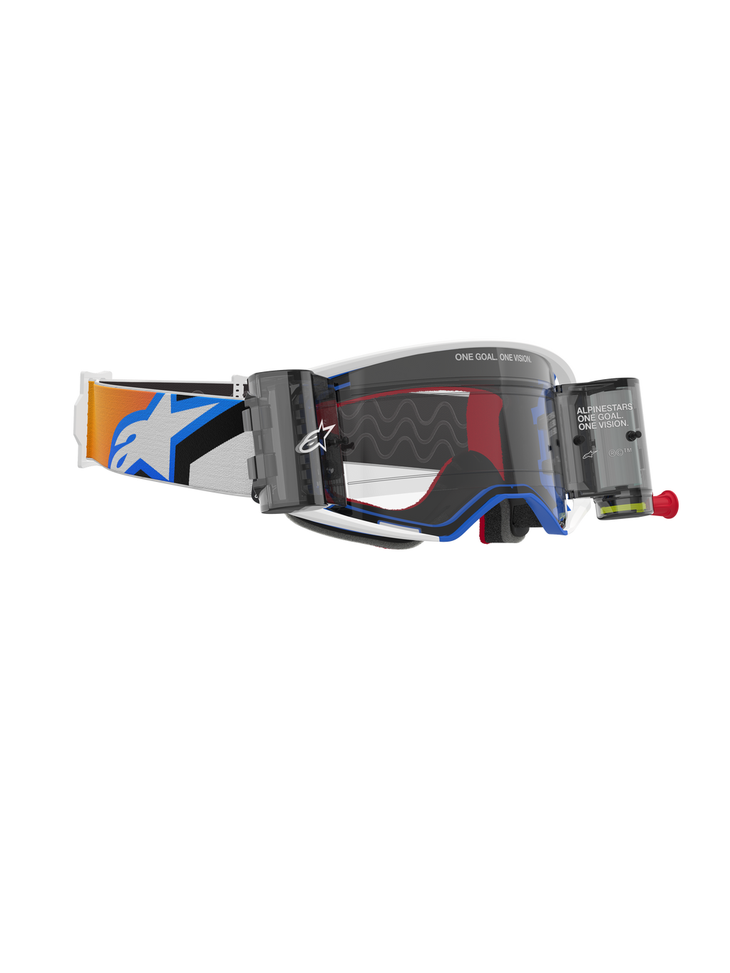 Masque Alpinestars Supertech Corp Roll Off, coloris bleu et orange, écran clair moulé par injection avec système Roll-Off Wide Vision, lignes de glissement en silicone ondulées, bandeau élastique réglable avec logo Alpinestars, lunettes de motocross haute performance