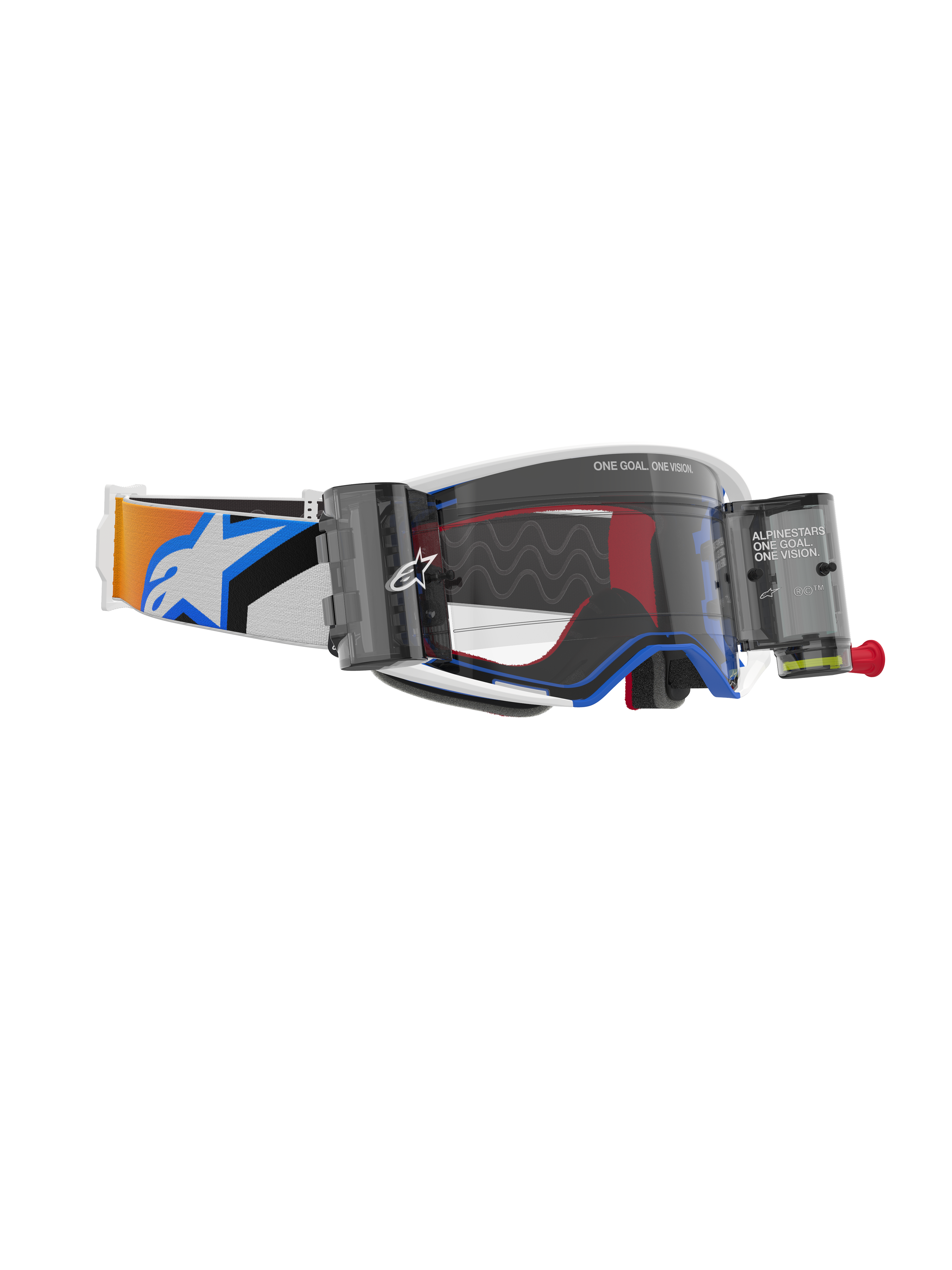 Masque Alpinestars Supertech Corp Roll Off, coloris bleu et orange, écran clair moulé par injection avec système Roll-Off Wide Vision, lignes de glissement en silicone ondulées, bandeau élastique réglable avec logo Alpinestars, lunettes de motocross haute performance