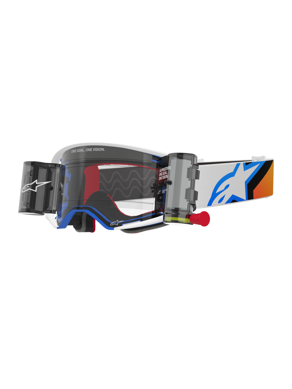 Alpinestars Supertech Corp Goggles Roll Off, masque de motocross, design bleu et orange, monture blanche avec écran clair et système roll-off, doté de boîtiers Wide Vision et d'un logo Astars bleu sur la sangle.