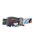 Alpinestars Supertech Corp Goggles Roll Off, masque de motocross, design bleu et orange, monture blanche avec écran clair et système roll-off, doté de boîtiers Wide Vision et d'un logo Astars bleu sur la sangle.
