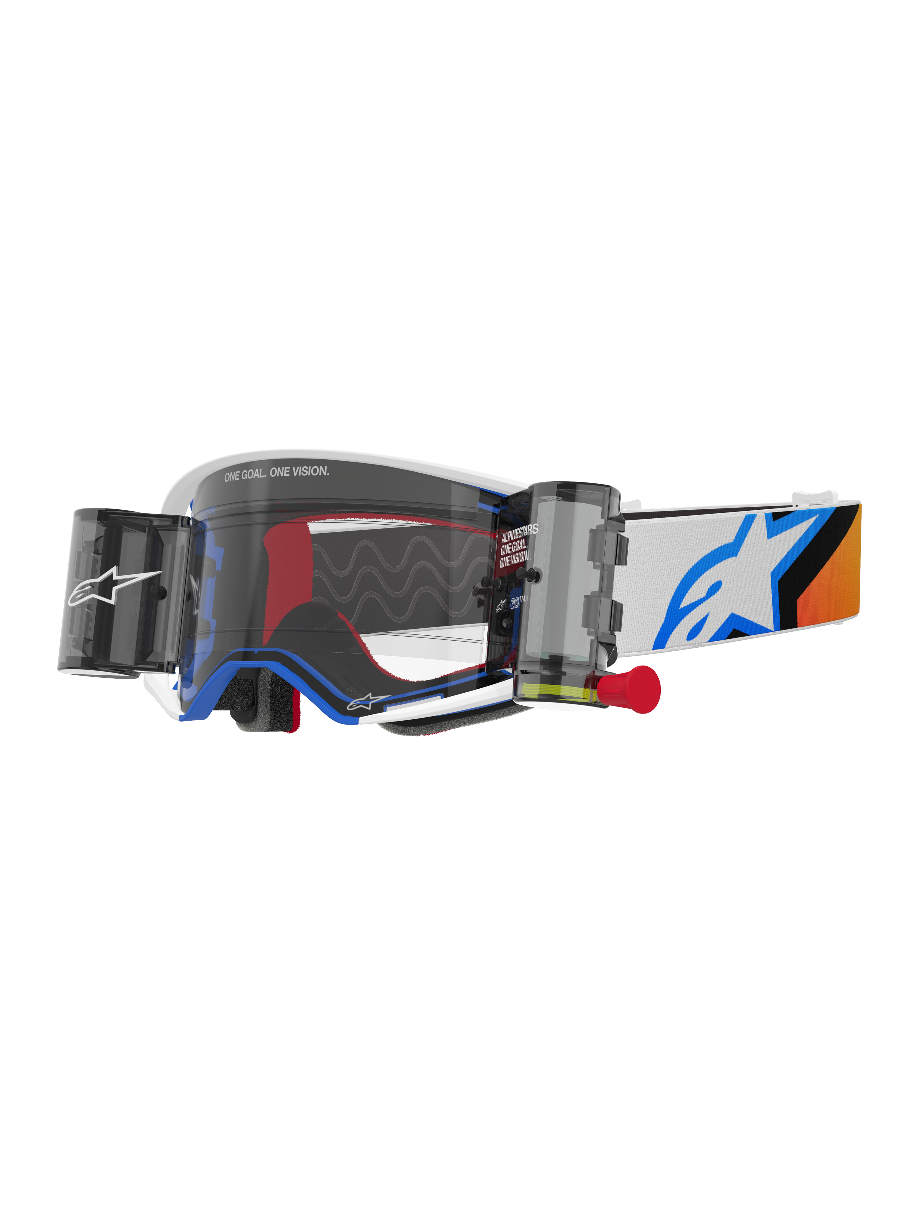 Alpinestars Supertech Corp Goggles Roll Off, masque de motocross, design bleu et orange, monture blanche avec écran clair et système roll-off, doté de boîtiers Wide Vision et d'un logo Astars bleu sur la sangle.