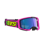 Alpinestars Vision 8 Vista Goggles, Motocross Goggles, Pink Fluo and Yellow Fluo with Mirror Blue Lens, vibrant pink frame and strap featuring bold yellow branding, professional off-road eye protection