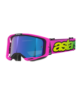 Alpinestars Vision 8 Vista Goggles, Motocross Goggles, Pink Fluo and Yellow Fluo with Mirror Blue lens, bright pink frame, wide pink strap with bold fluo yellow branding, high-performance off-road eyewear