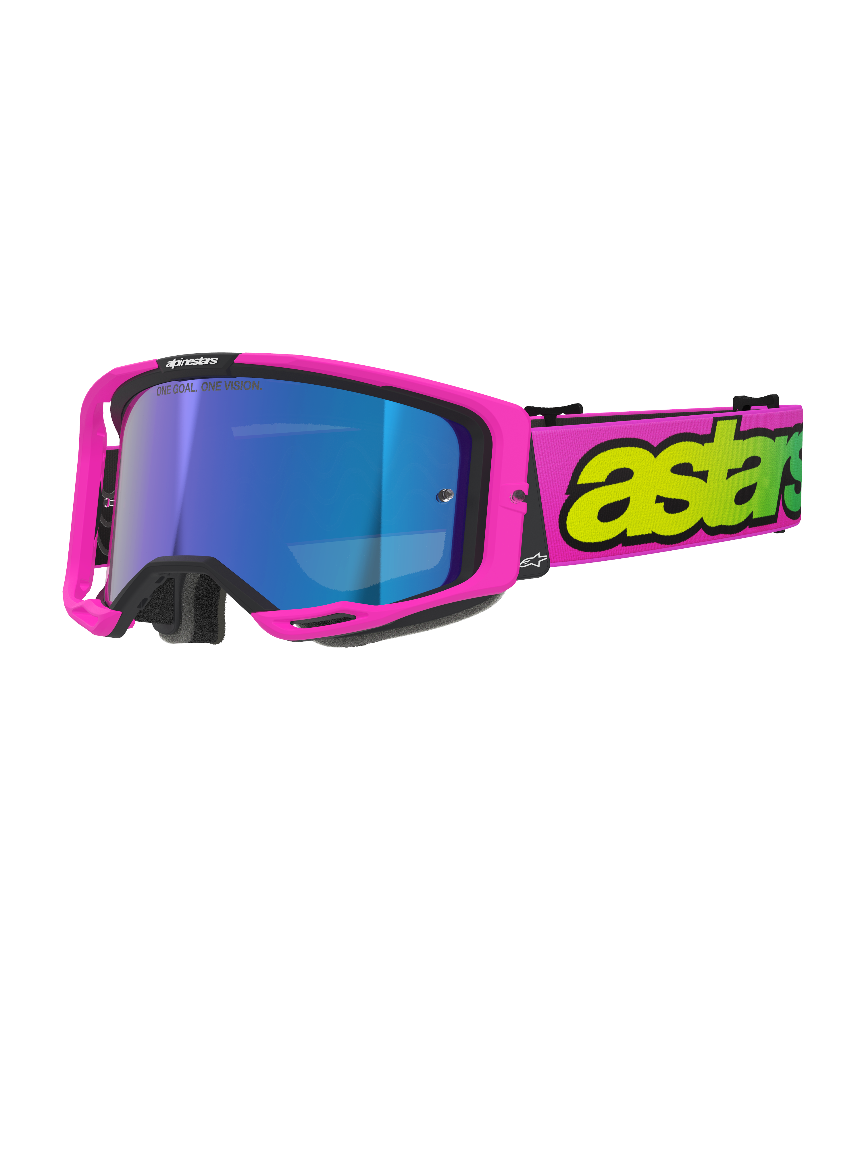Masque Alpinestars Vision 8 Vista, masque de motocross, rose fluo et jaune fluo avec écran miroir bleu, monture rose vif, large bandeau rose avec logo jaune fluo, équipement de protection haute performance pour le tout-terrain