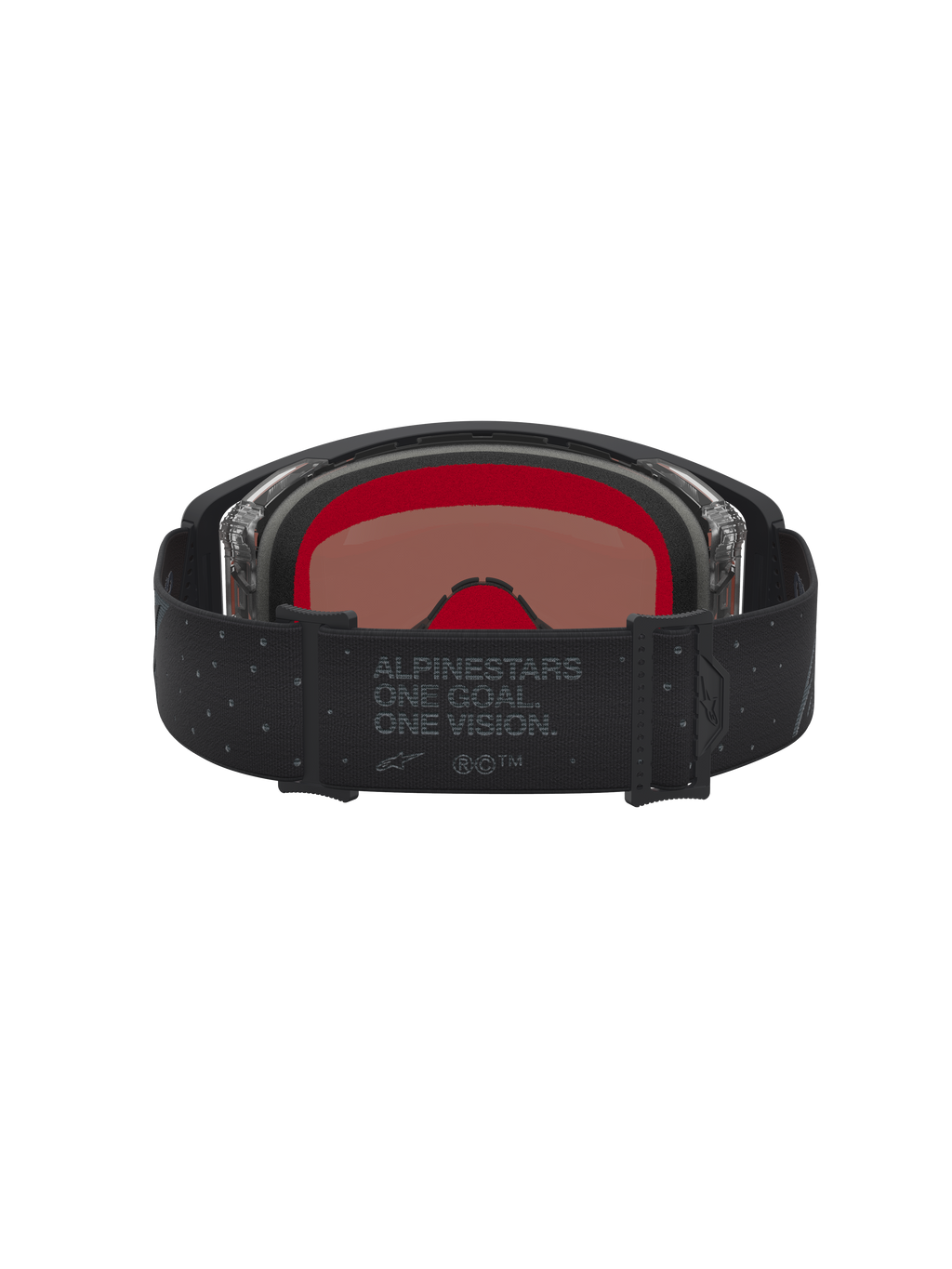 Masque Supertech Cloak Alpinestars, masque de motocross tout-terrain, noir et argenté avec mousse intérieure rouge et sangle griffée One Goal. One Vision., vue de l'intérieur.