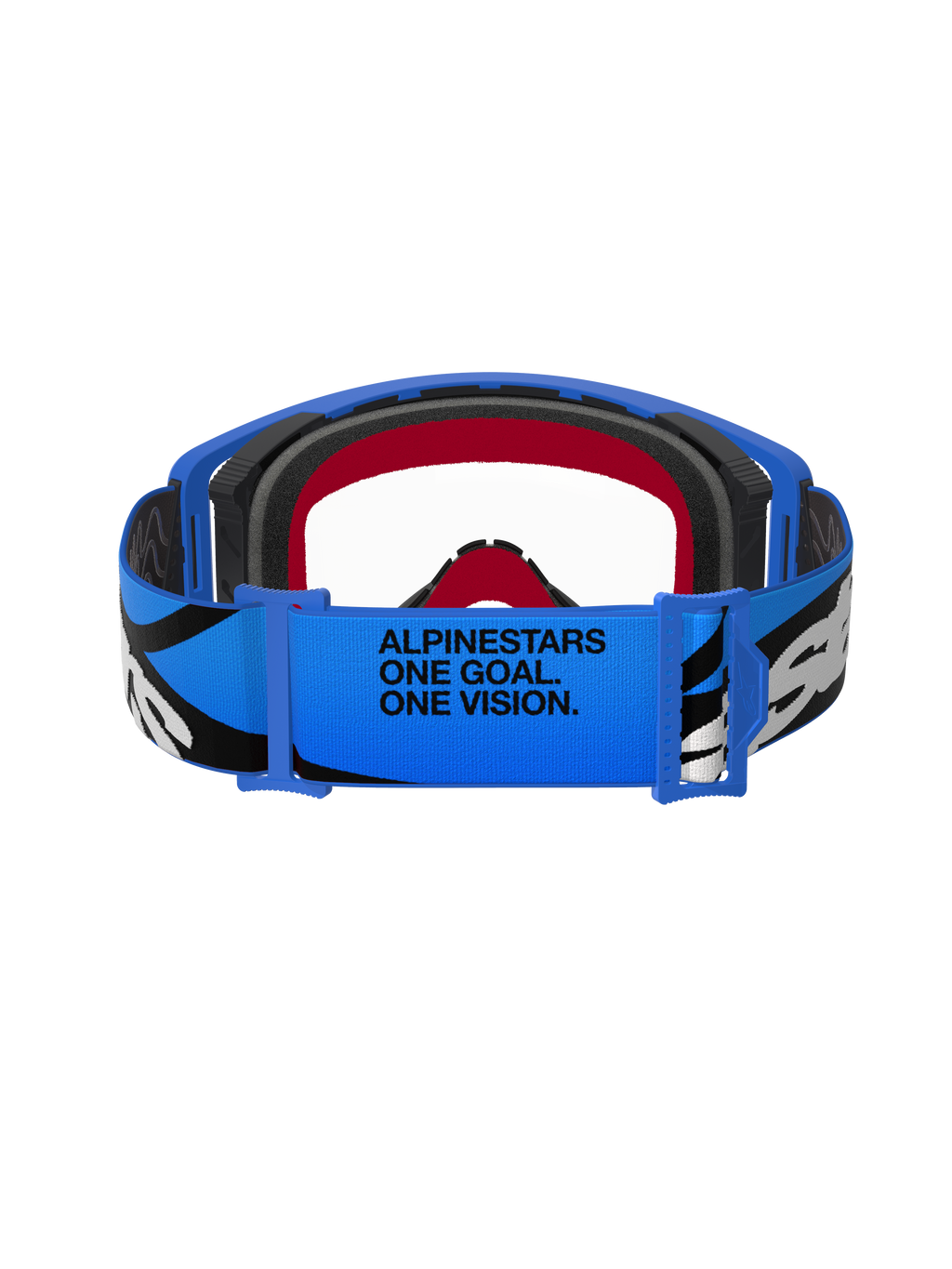 Masque Alpinestars Supertech Stream, masque de motocross, bleu et transparent, vue arrière de la sangle bleue avec le texte « ALPINESTARS ONE GOAL. ONE VISION. », graphismes noirs et blancs, et doublure en mousse rouge et noire