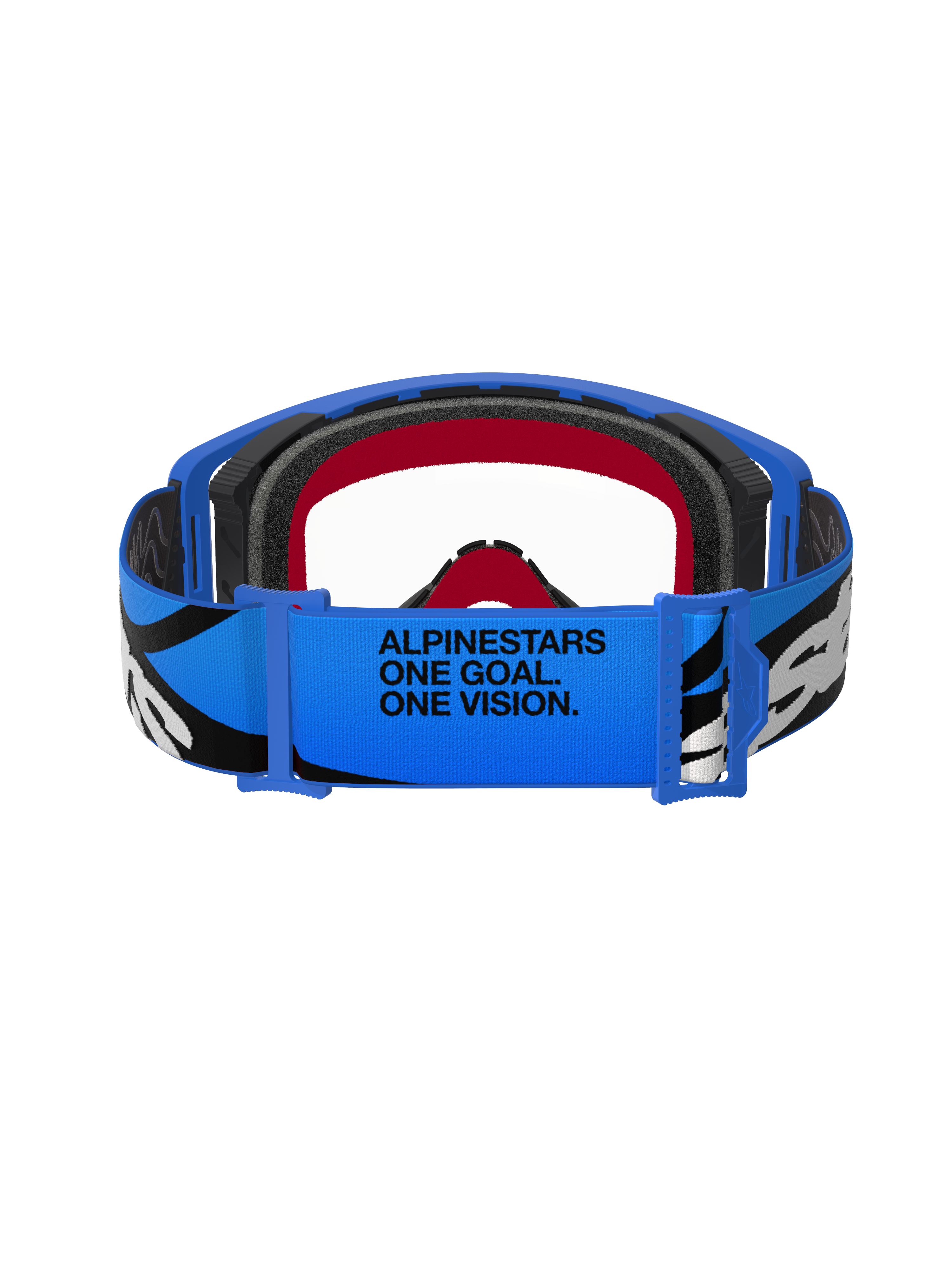 Masque Alpinestars Supertech Stream, masque de motocross, bleu et transparent, vue arrière de la sangle bleue avec le texte « ALPINESTARS ONE GOAL. ONE VISION. », graphismes noirs et blancs, et doublure en mousse rouge et noire