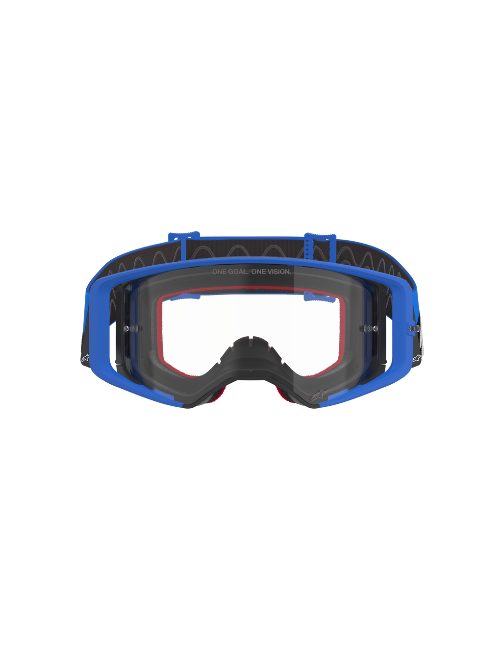 Lunettes Alpinestars Supertech Stream, lunettes de motocross et tout-terrain, bleues avec écran clair, dotées d'une monture bleue, d'un rembourrage en mousse rouge et d'un bandeau réglable noir avec grip interne en silicone, marquage « ONE GOAL. ONE VISION. » sur l'écran, équipement de protection haute performance pour la course.