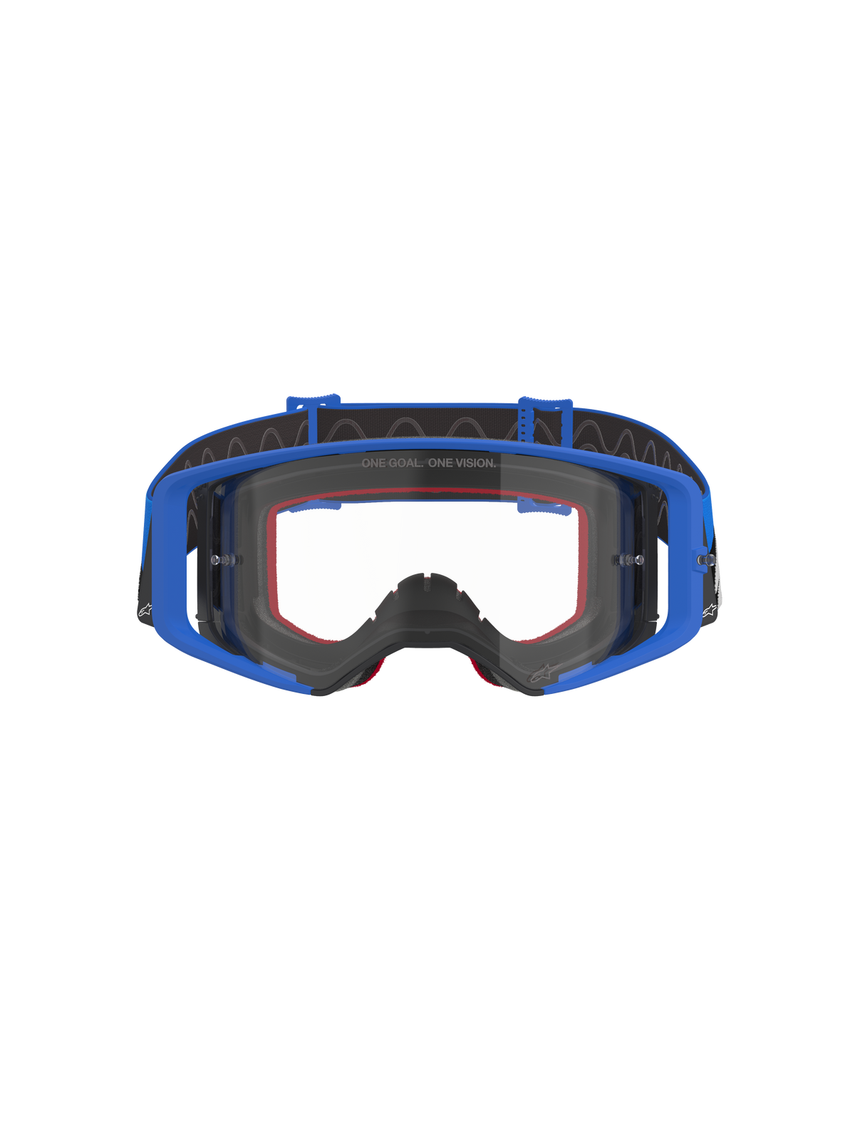 Lunettes Alpinestars Supertech Stream, lunettes de motocross et tout-terrain, bleues avec écran clair, dotées d'une monture bleue, d'un rembourrage en mousse rouge et d'un bandeau réglable noir avec grip interne en silicone, marquage « ONE GOAL. ONE VISION. » sur l'écran, équipement de protection haute performance pour la course.