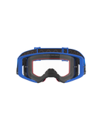 Lunettes Alpinestars Supertech Stream, lunettes de motocross et tout-terrain, bleues avec écran clair, dotées d'une monture bleue, d'un rembourrage en mousse rouge et d'un bandeau réglable noir avec grip interne en silicone, marquage « ONE GOAL. ONE VISION. » sur l'écran, équipement de protection haute performance pour la course.