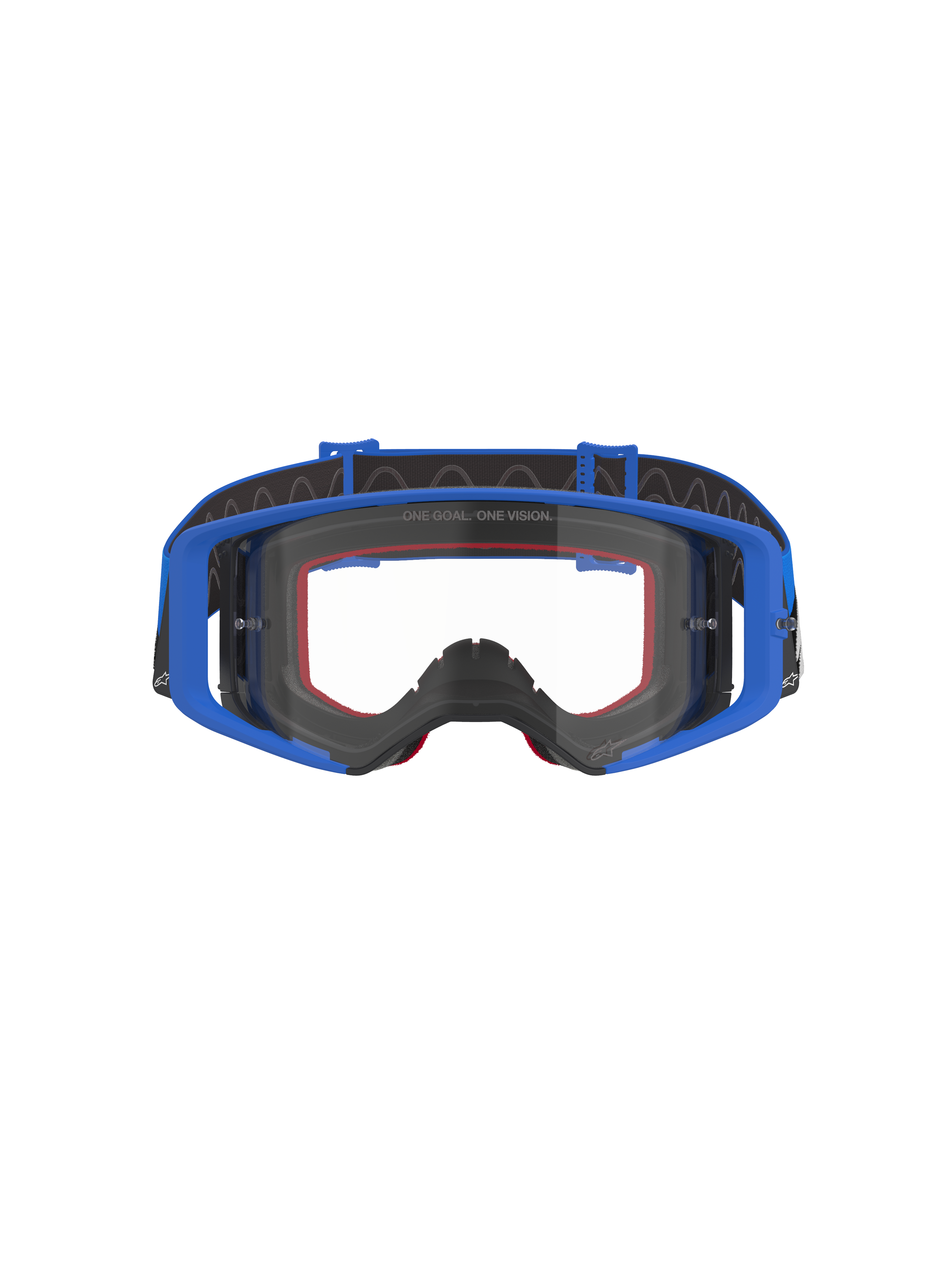 Lunettes Alpinestars Supertech Stream, lunettes de motocross et tout-terrain, bleues avec écran clair, dotées d'une monture bleue, d'un rembourrage en mousse rouge et d'un bandeau réglable noir avec grip interne en silicone, marquage « ONE GOAL. ONE VISION. » sur l'écran, équipement de protection haute performance pour la course.