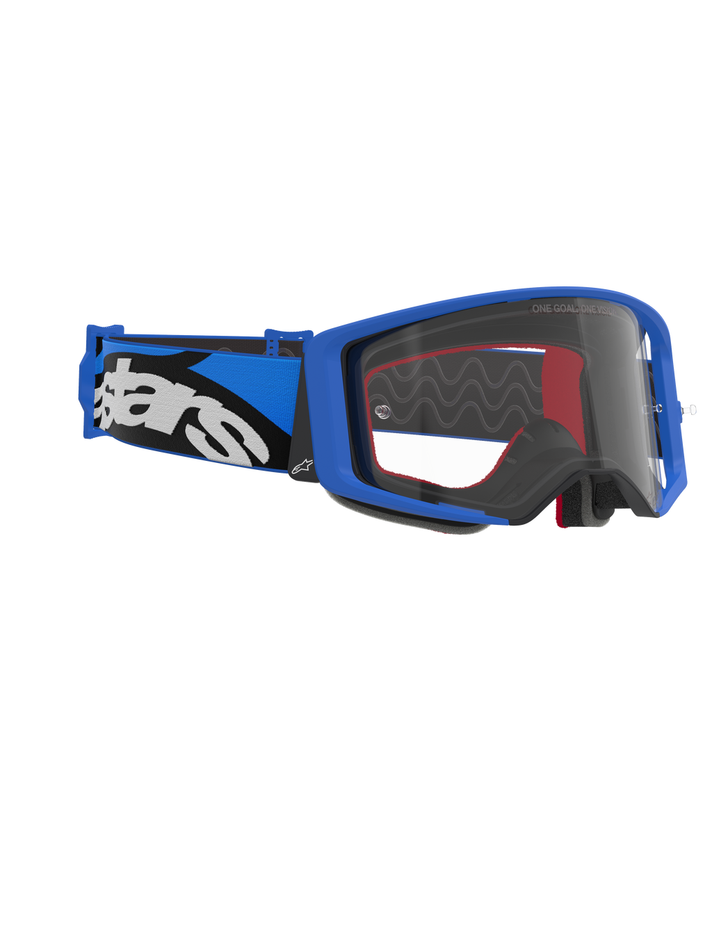 Alpinestars Supertech Stream Goggles, lunettes de motocross, monture bleue et écran clair, bandeau bleu et noir avec logo Alpinestars blanc, équipement de protection haute performance pour la course