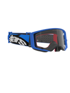 Alpinestars Supertech Stream Goggles, lunettes de motocross, monture bleue et écran clair, bandeau bleu et noir avec logo Alpinestars blanc, équipement de protection haute performance pour la course